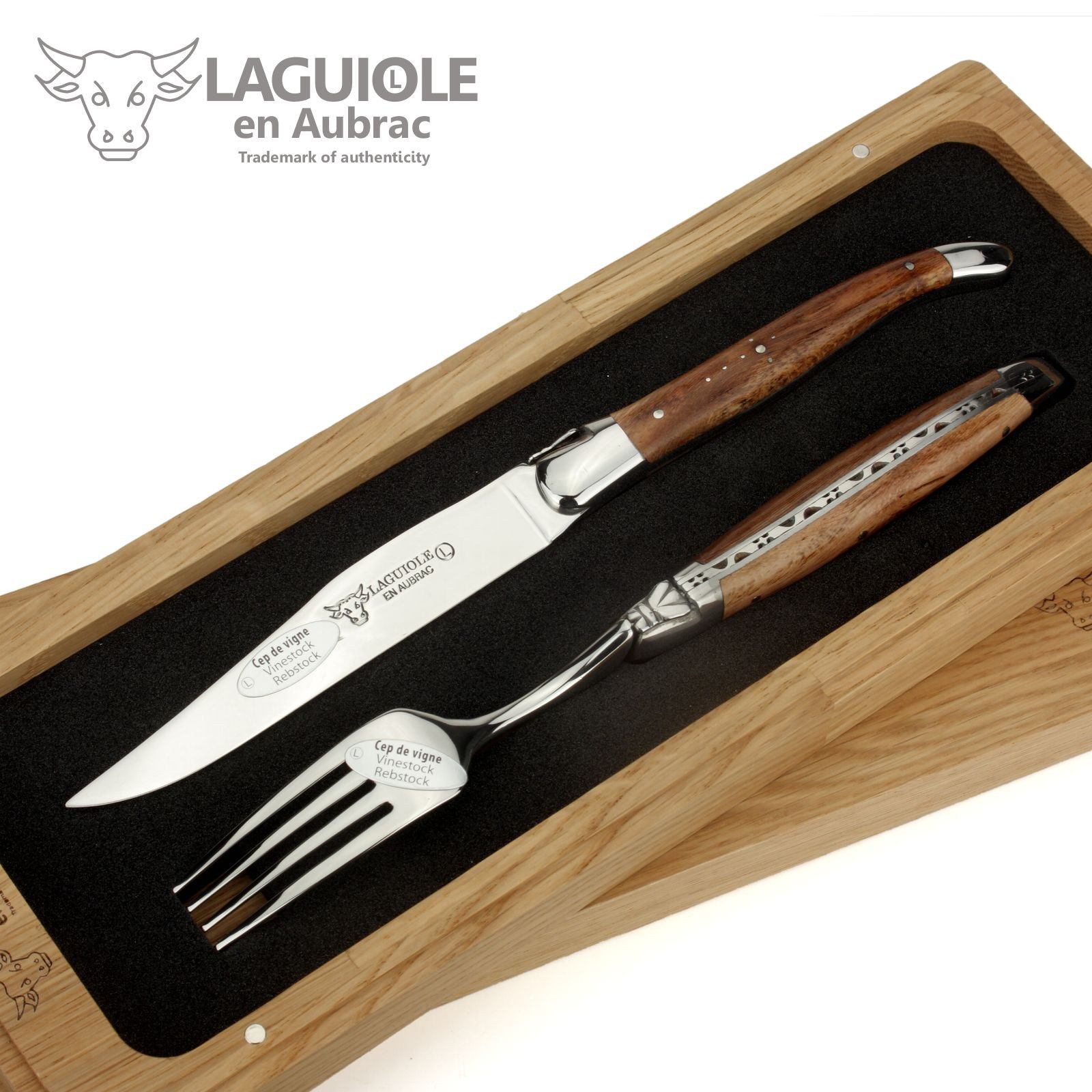 Laguiole en Aubrac Steakbesteck 1CF99CVIH, 1 Messer / 1 Gabel - Griff Weinrebe - Backen glänzend - Stahl glänzend