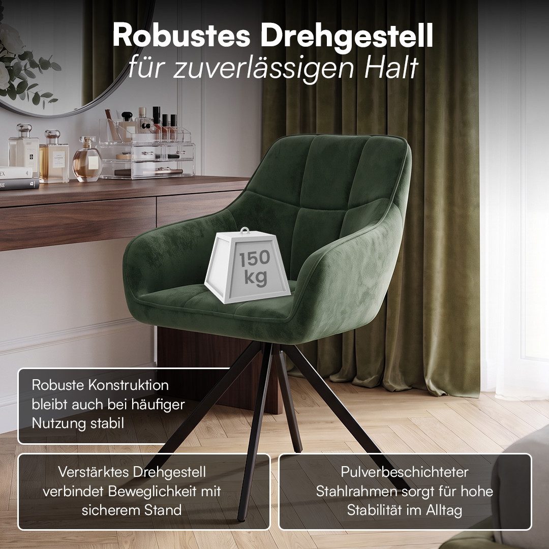 skølm Esszimmerstuhl Sköll Drehstuhl mit Samt-Bezug (6er Set, dunkelgrün, bis 150 kg), Küchenstuhl, höhenverstellbar & drehbar, verfügbar als 2er/4er Set – Bild 3 von 5