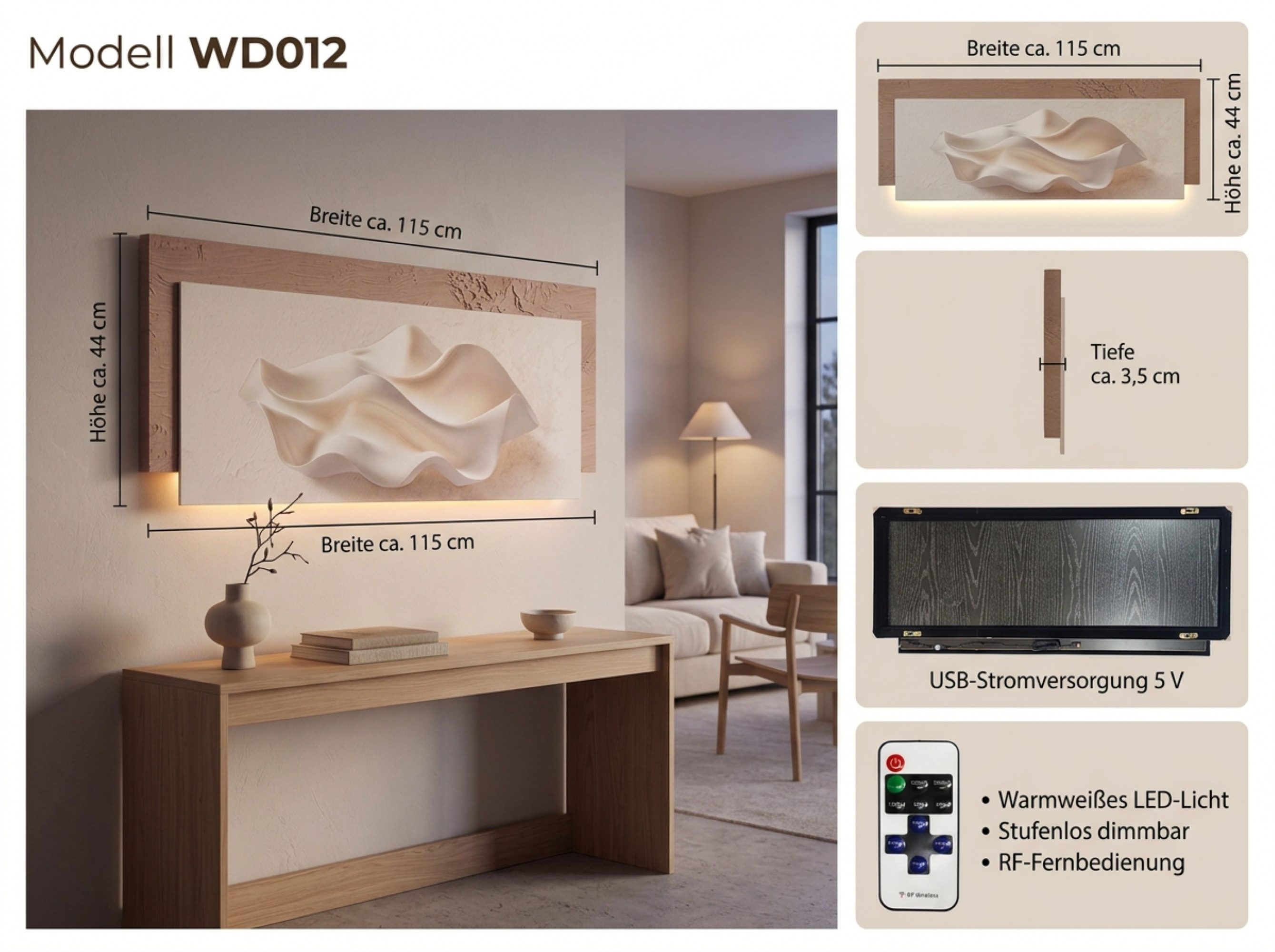 Arnusa LED-Bild Wanddekoration mit Licht 115x44 cm Beige strukturiert Bild Dekoration, Muschel, großes Wandbild mit warmweißer Beleuchtung