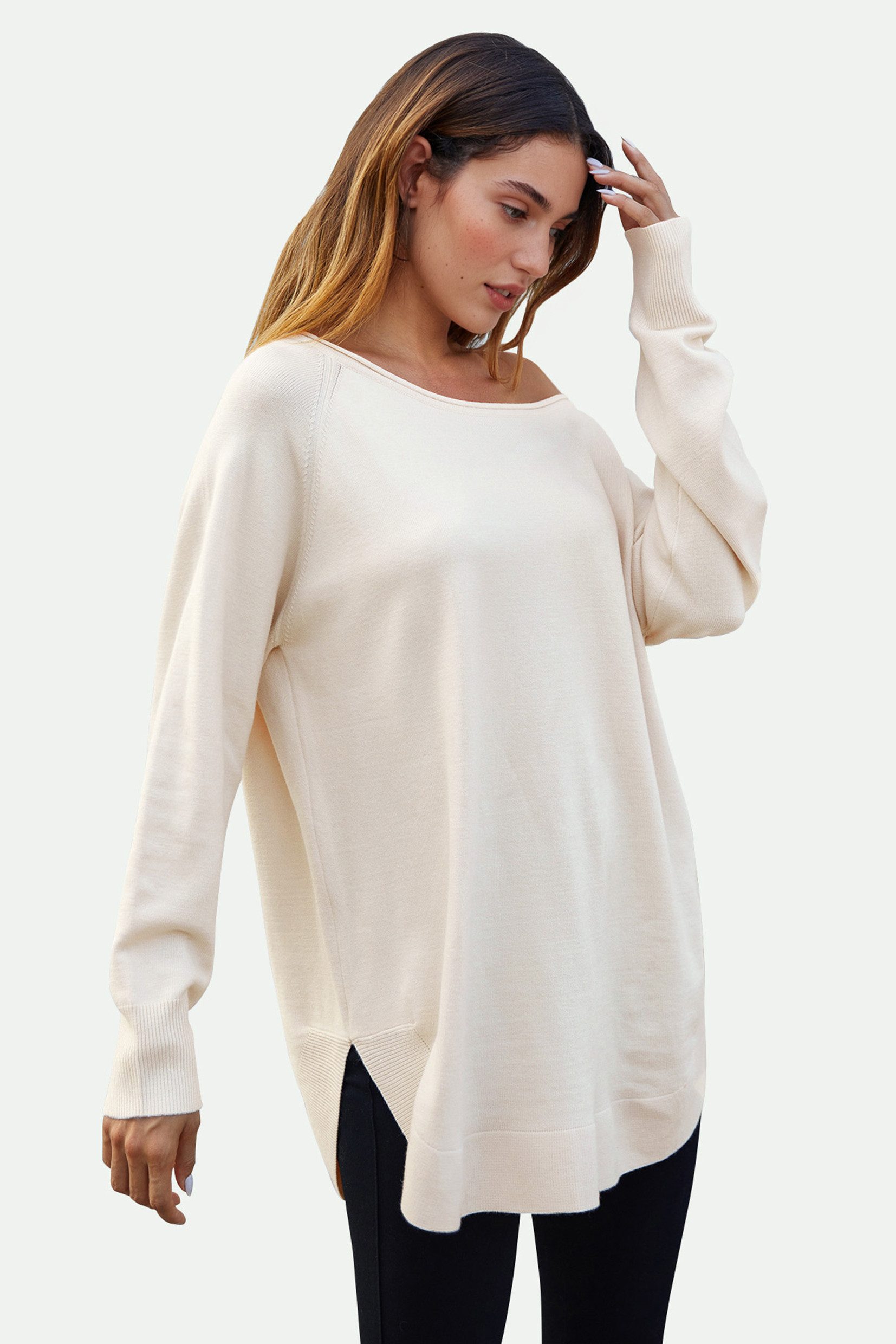 FS Collection Longpullover Damen Longpullover Oversize Strickpullover für Herbst/Winter, Onesize (Einheitsgröße: UK 8–16 / EU 36–44, 4 Farben : Schwarz, Creme,Hellgrau und Dunkelgrün) 50 % Polyacryl, 30 % Polyamid, 20 % Polyester