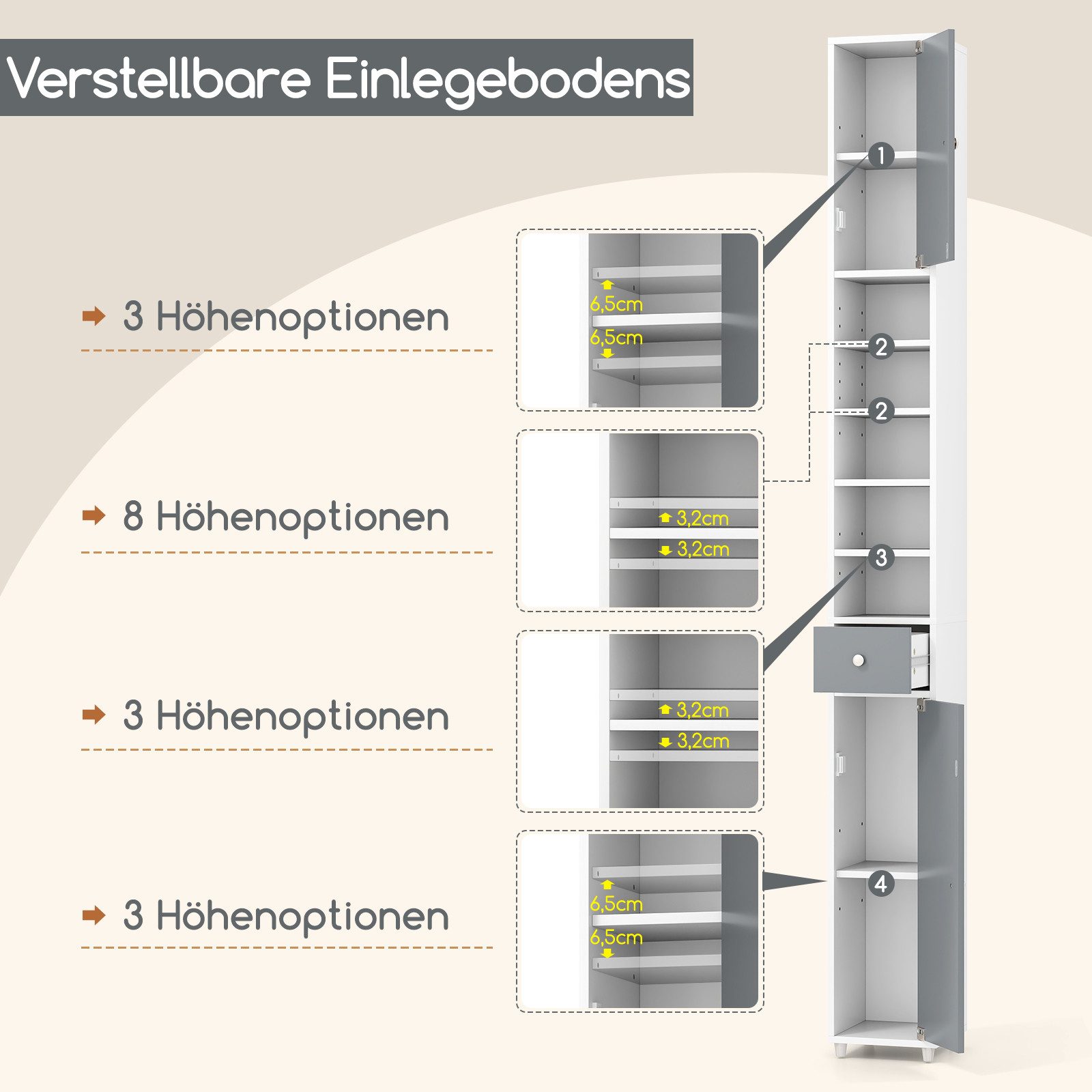 COSTWAY Hochschrank Badschrank schmal, mit Schublade, Türen & 9 Fächern, 180cm weiß – Bild 4 von 5
