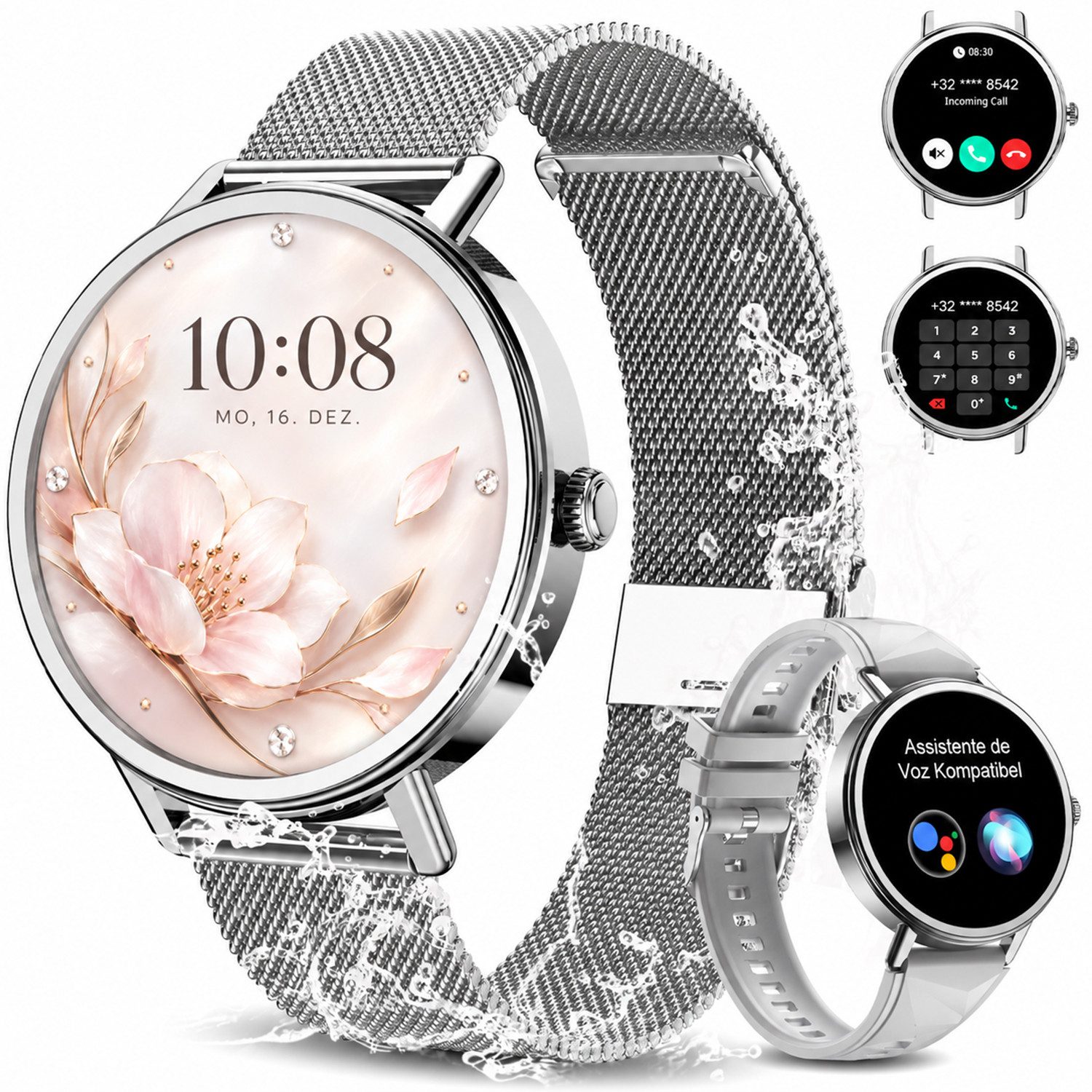 blackview Smartwatch X30 1,26″ für Damen mit Telefonfunktion undFitness-Tracking Smartwatch (4 cm/1.26 Zoll, iOS/Android) Set, mit Wechselband aus weichemSilikon und Ladekabel, 5 Tage Akkulaufzeit/2 Armbänder/HF&SpO₂& Blutdruck/100+ Sportmodi,IP68