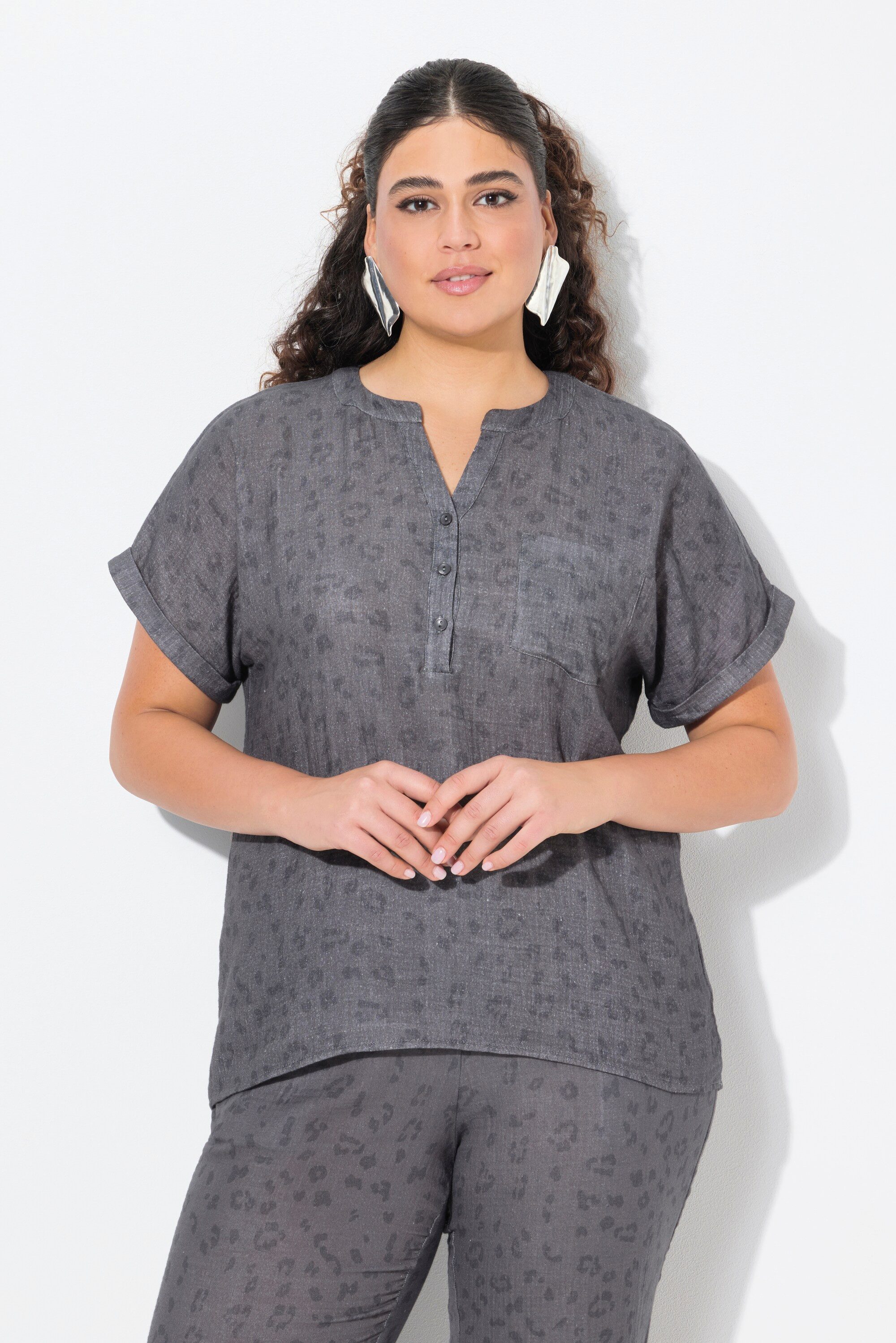 Ulla Popken Druckbluse Musselin-Bluse Oversized Tunika-Ausschnitt günstig online kaufen