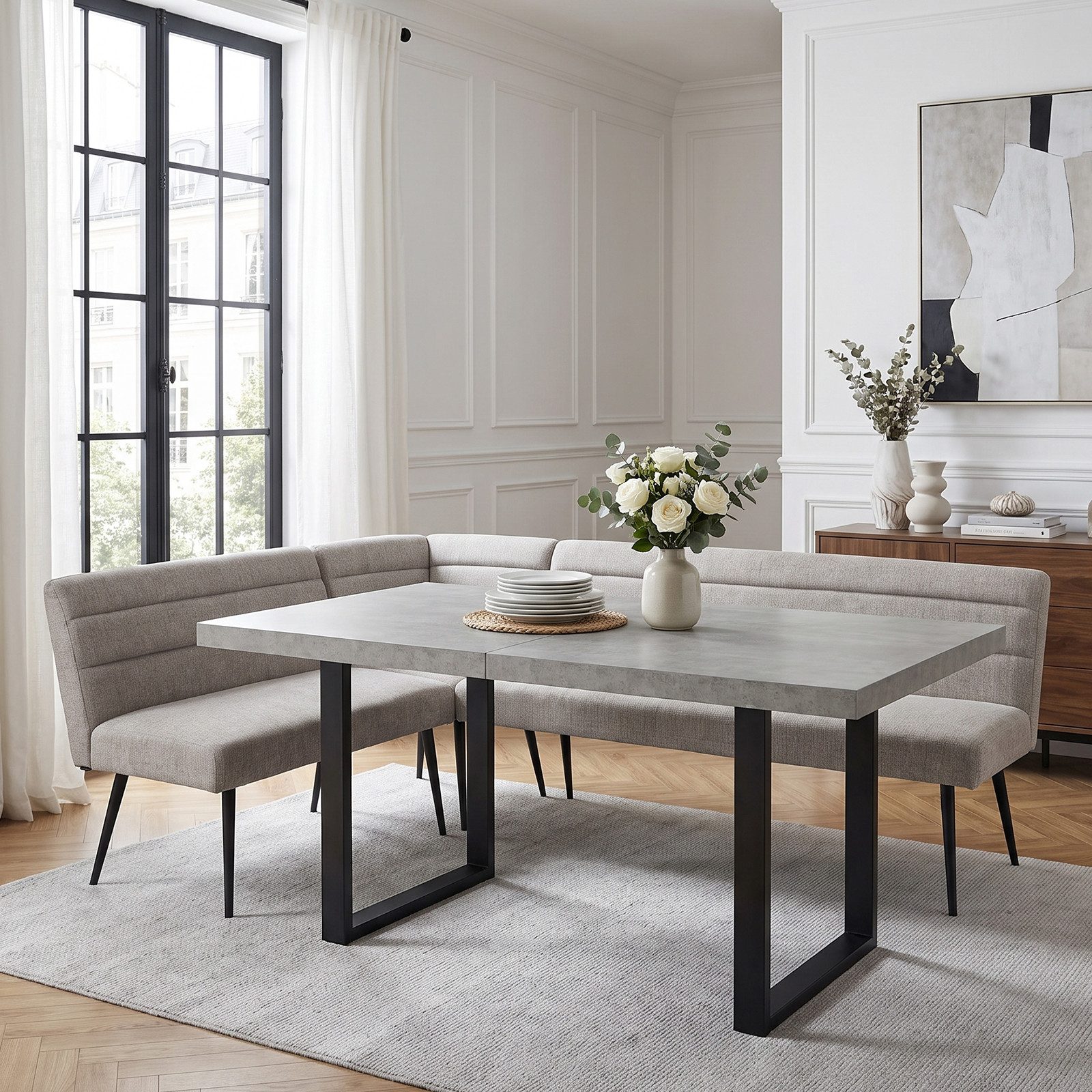 Jiexi Essgruppe Esszimmer-Set: Eckbank & Esstisch, Polyesterstoff, Metallbeine, Esstisch mit Stühlen