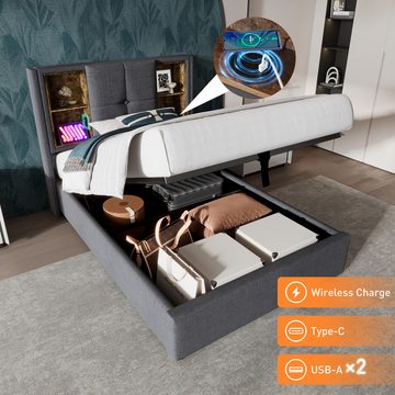 Flieks Polsterbett, Einzelbett mit Kabellosem Laden/USB/Typ-C+Stauraum Baumwolle 90x200cm