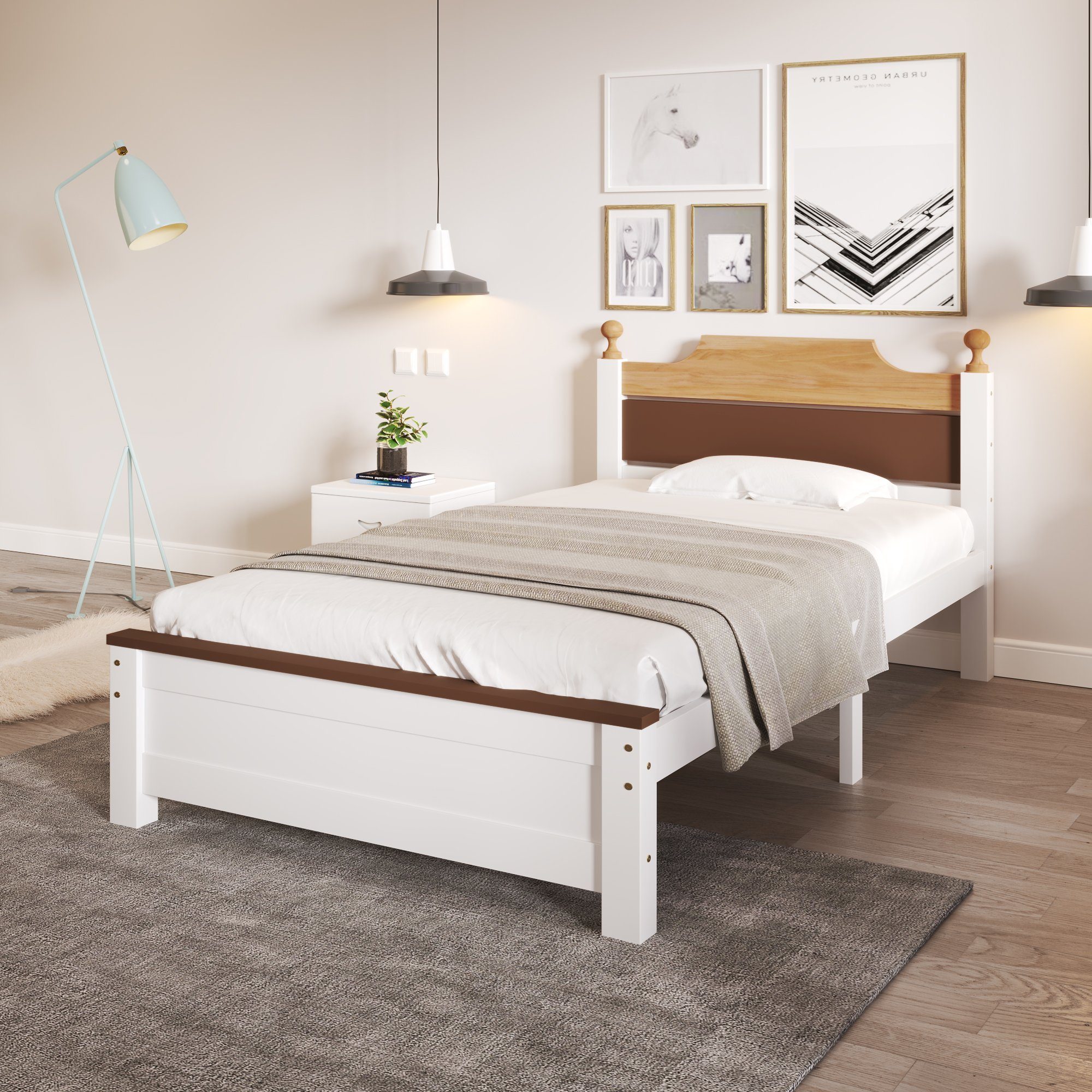 Holzbett Erwachsenenbett, MDF), OKWISH Kiefernholzrahmen ohne Mittelfuß, mit Einzelbett, Erwachsenenbett Kopf- und cm, mit (90x200 aus Matratze Fußteil