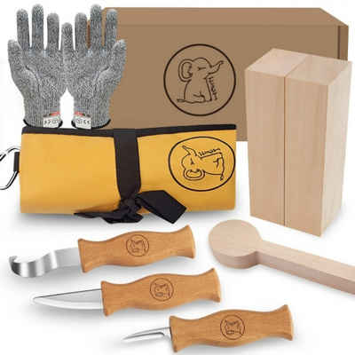Eli Taschenmesser Schnitzmesser Kinder Set ab 6 Jahre, 8-teiliges Kindermesser Set, Beidhändig, schnittfeste Handschuhe, rostfreier Stahl