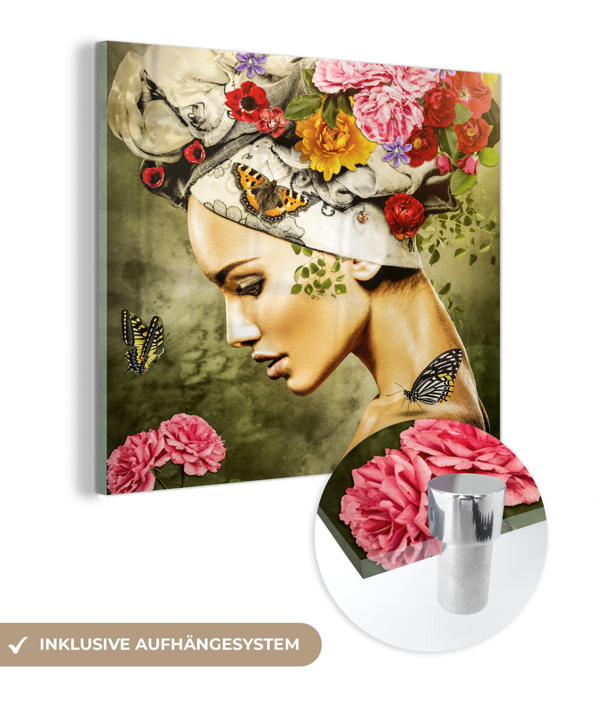 MuchoWow Acrylglasbild Frau - Blumen - Farben - Schmetterlinge - Rosen - Kopftuch, (1 St), Glasbilder - Bilder auf Glas Wandbild - Foto auf Glas - Wanddekoration bunt