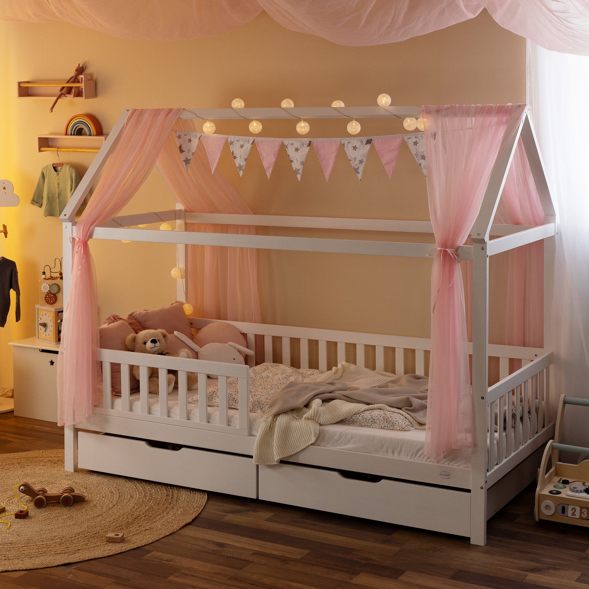 Alcube Betthimmel HAUSBETT DEKO SET für 80x160 I 90x200 (SET, Baldachin, Wimpel und Lichterkette für Hausbetten), für Jungen Mädchen Deko für Himmelbett Kinderzimmer Schlafzimmer