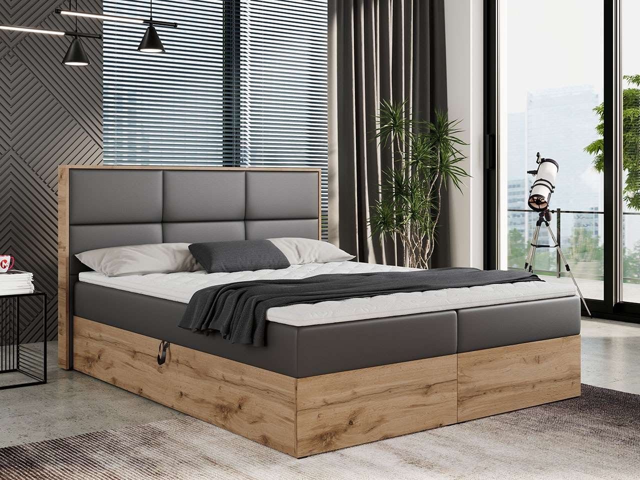 MKS MÖBEL mit Doppelbett, Eiche Boxspringbett mit 2, Holzrahmen, Kopfstütze ALBERO Multipocket-Matratze