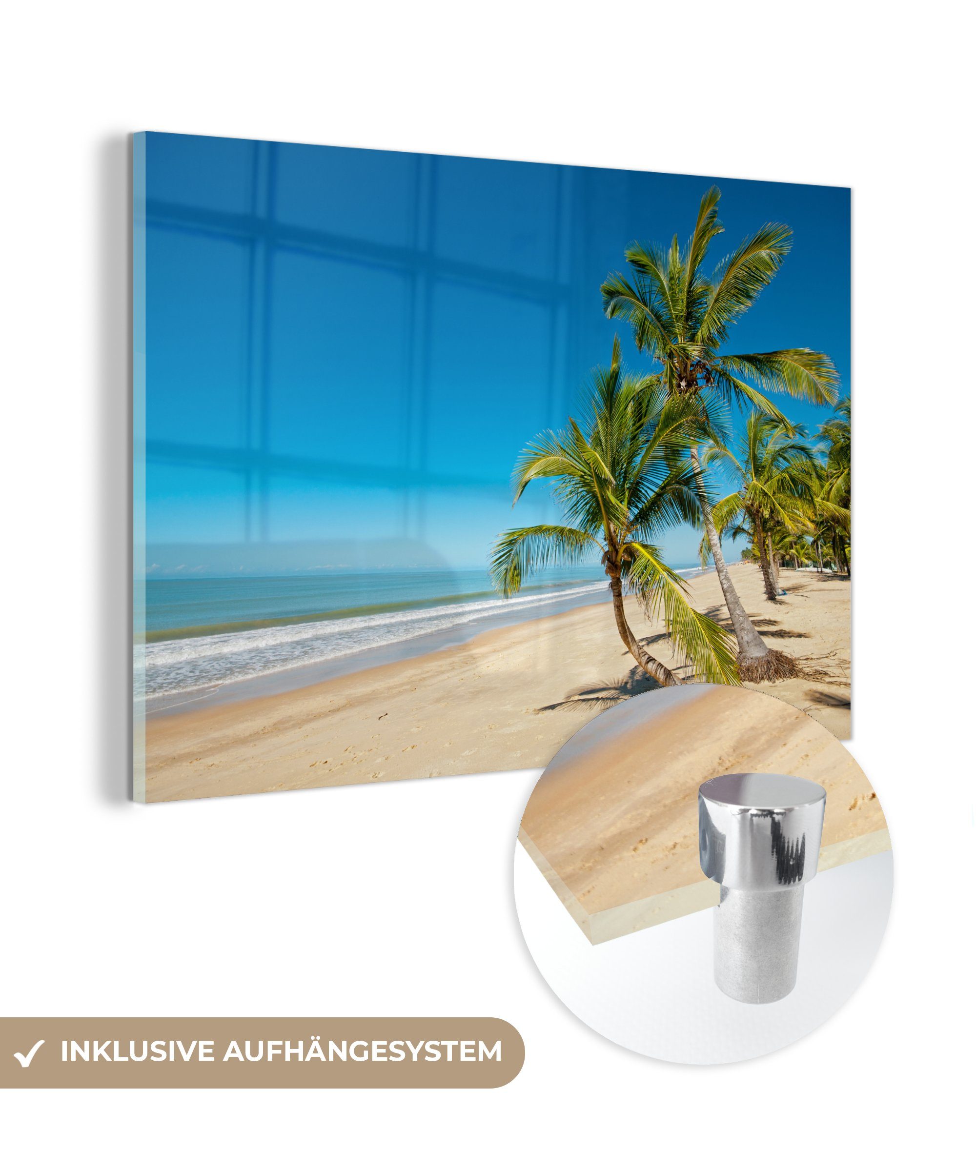 MuchoWow Acrylglasbild auf Bilder Glas - Glas - - - St), Palme, Meer - auf Wanddekoration Strand Wandbild (1 Glasbilder Foto