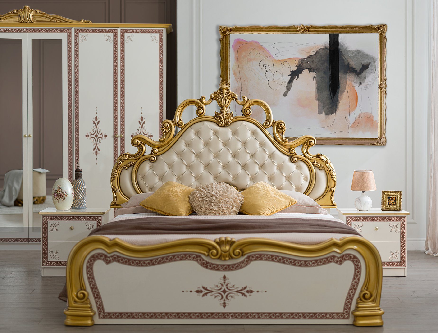 Interdesign24 Bett Gloria (im klassischen Barock-Stil, mit gepolstertem Kopfteil, inkl. Lattenrost), in Beige/Rotbraun/Gold Hochglanz