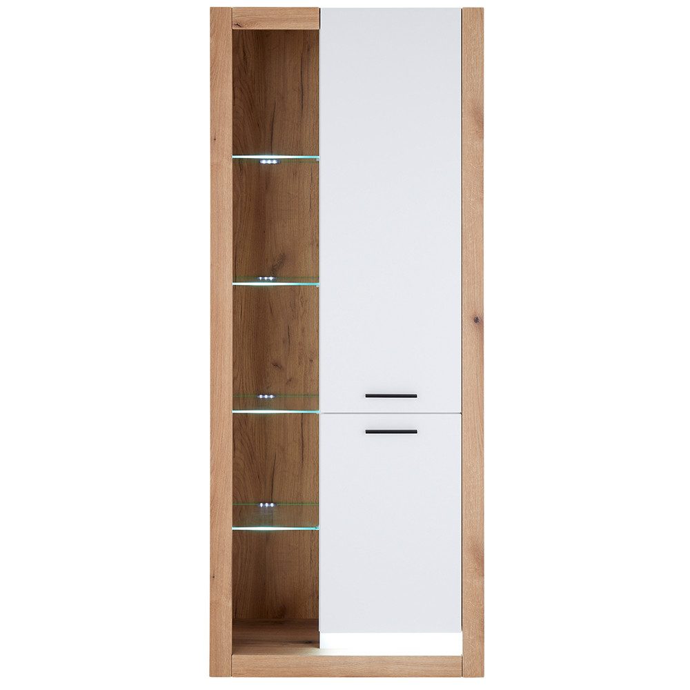 Lomadox Vitrine BELLAGIO-61 Wohnzimmerschrank in weiß mit Eiche 80 cm breit mit Glaseinlegeböden