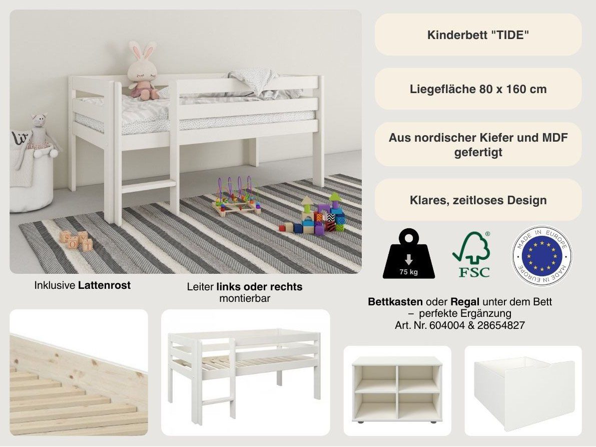OTTO home Kinderbett "Tide", Halbhochbett, zertifiziertes Massivholz, aus massiver Kiefer, FSC®-zertifiziert