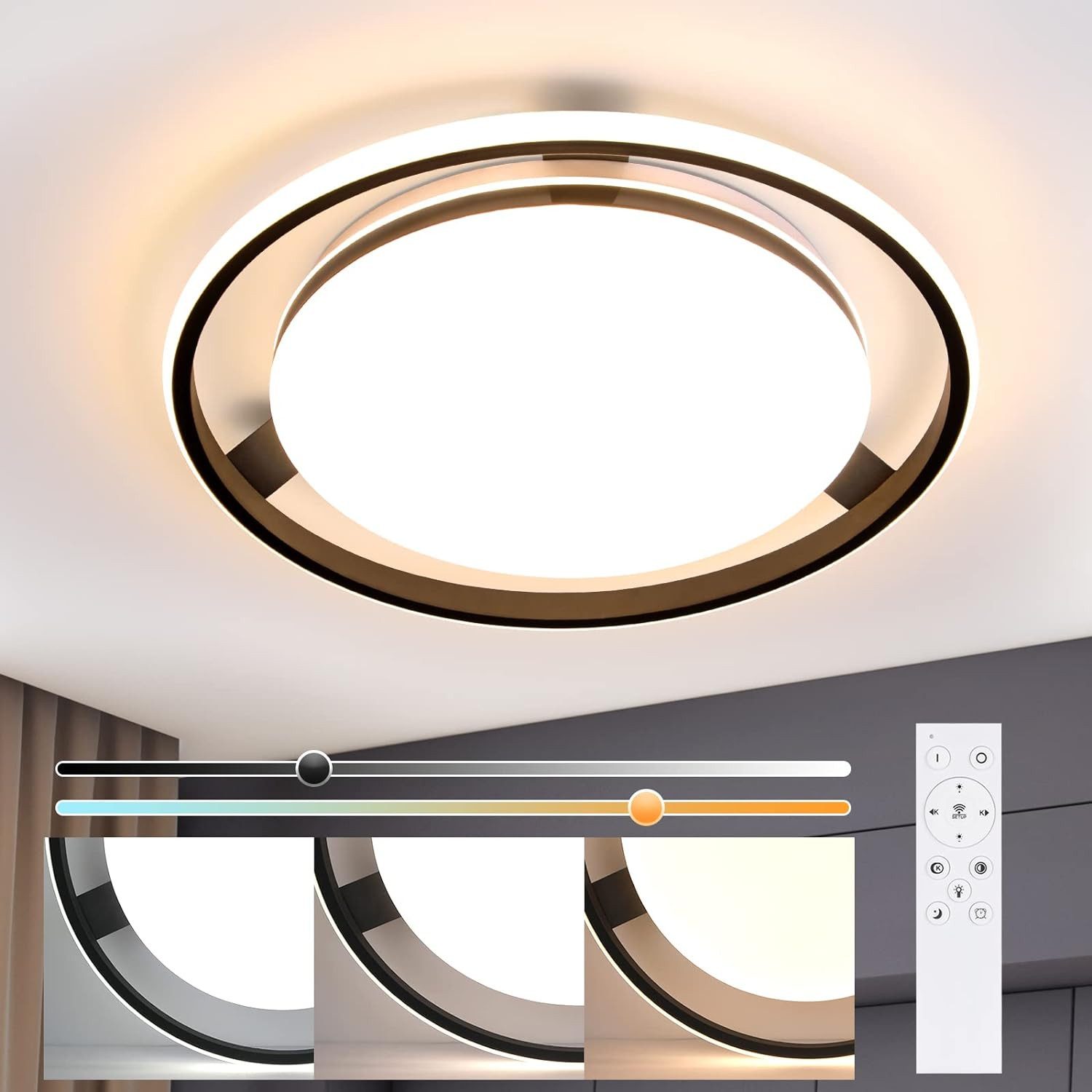 ZMH LED Deckenleuchte Rad-Rund Desgin Dimmbar Fernsteuerung 42W, LED fest integriert, warmweiß-kaltweiß, 44.5cm Schwarz