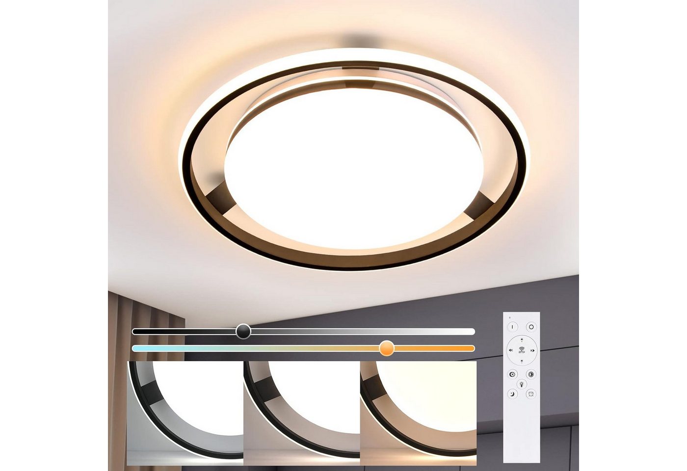 ZMH LED Deckenleuchte Rad-Rund Desgin Dimmbar Fernsteuerung 42W, LED fest integriert, warmweiß-kaltweiß, 44.5cm Schwarz