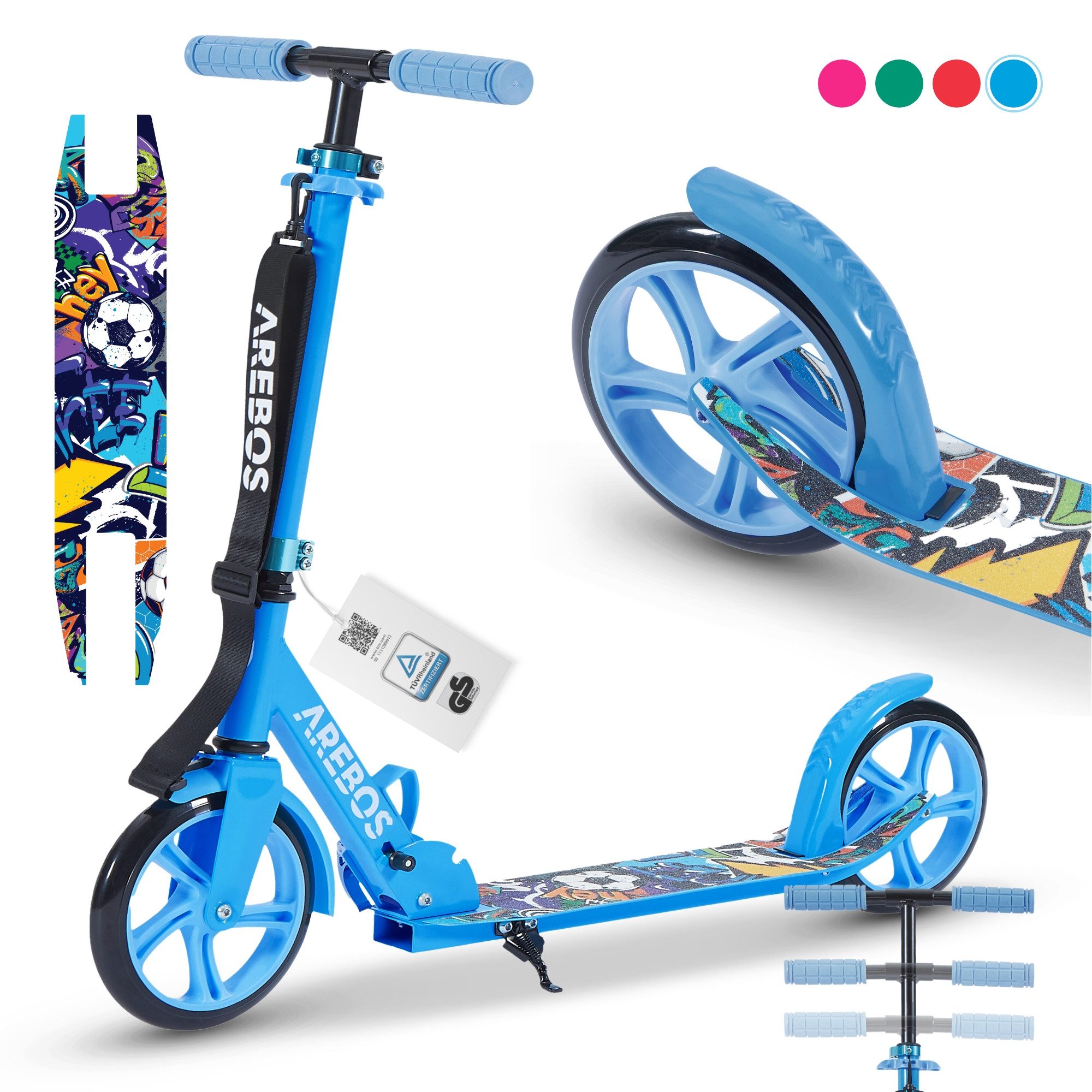 Arebos Tretroller Kickroller Городской скутер Kinderroller Erwachsene Скутеры, XXL Rollen, Rutschfestes Trittbrett, Praktischer Tragegurt