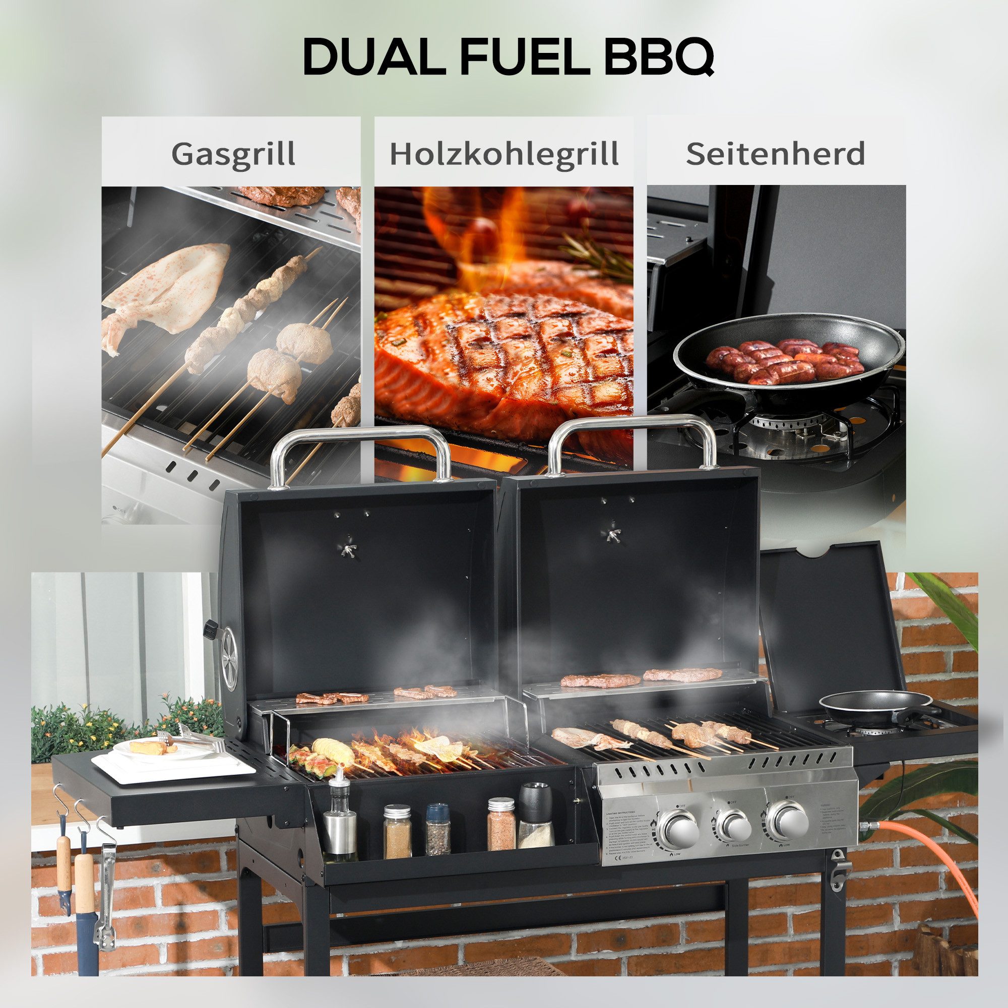 Outsunny Gasgrill Grillwagen mit 2+1 Brenner, Thermometer, 3kW BBQ, Holzkohlgrill, Campinggrill, für Garten, Balkon, Schwarz – Bild 4 von 5