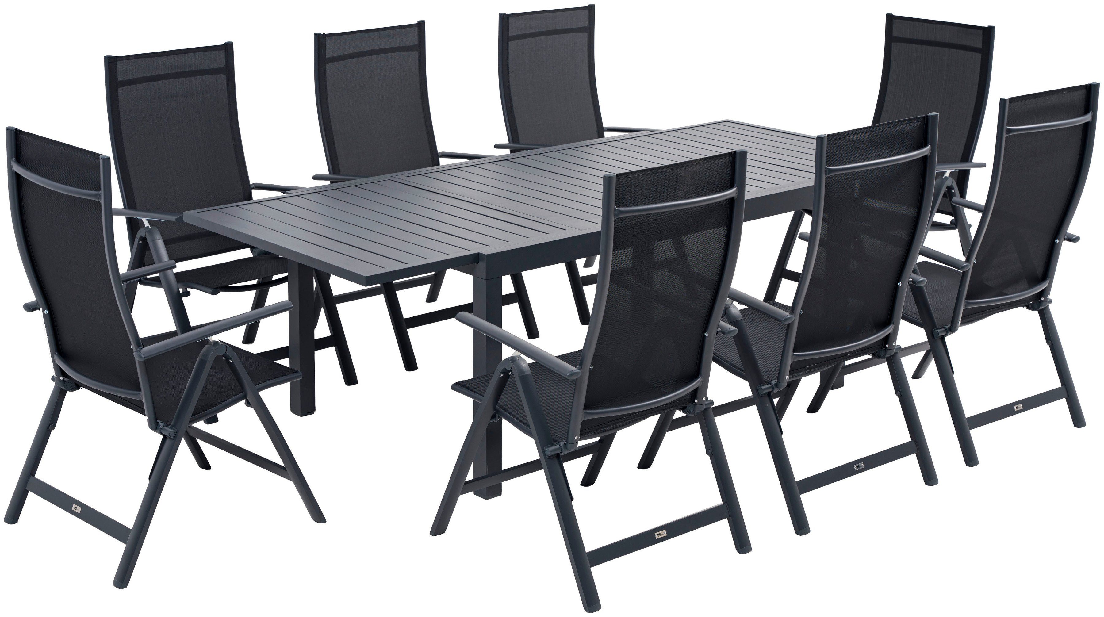 KONIFERA Garten-Essgruppe Palermo, (Set, 9-tlg., 8x Sessel, 1x AZ-Tisch 160-240x100 cm, Aluminium, Textilgewebe), klappbar, 7-fach verstellbare Rückenlehne, Tischplatte aus Alulatten