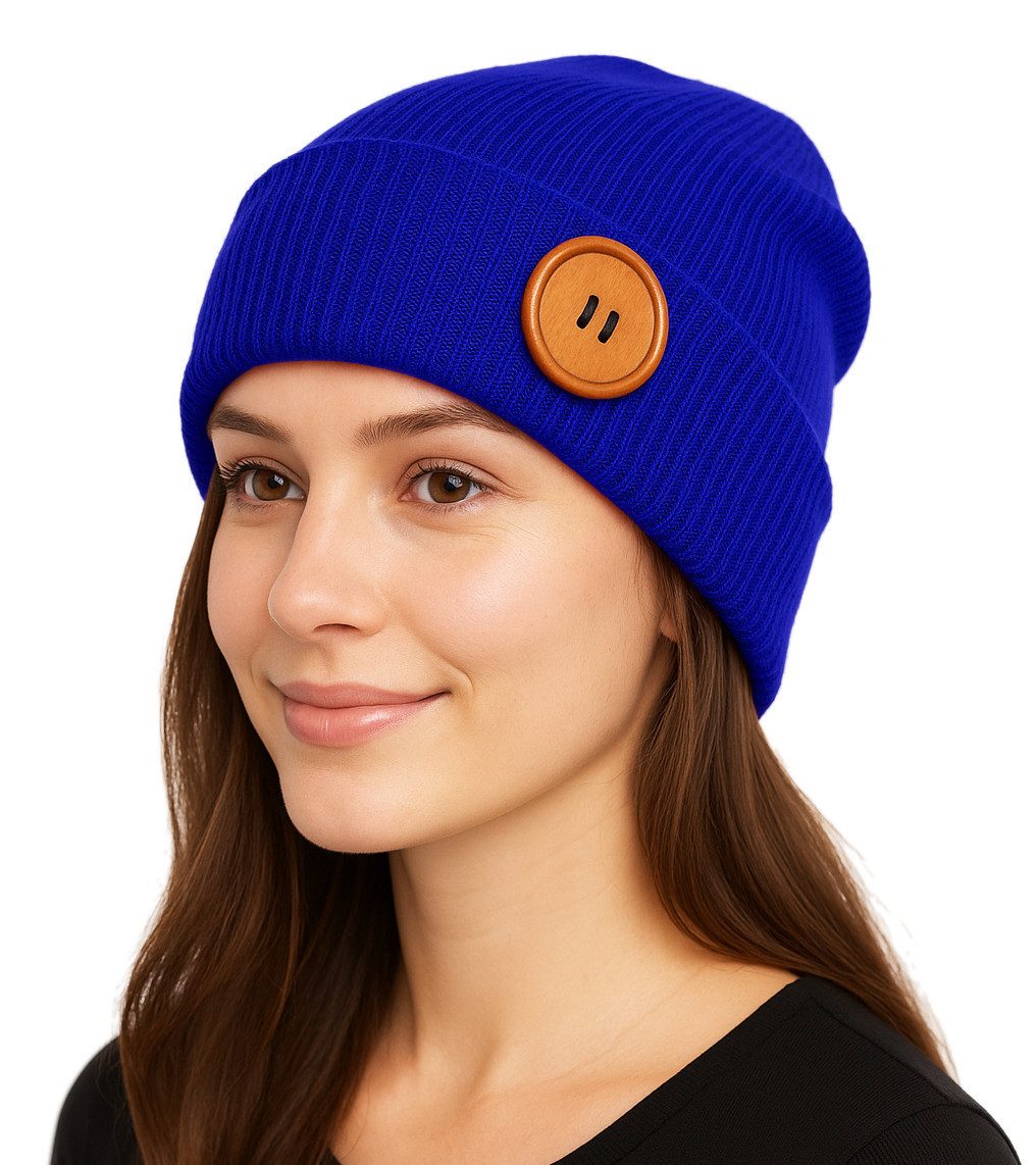 dy_mode Strickmütze Unisex Feinstrick Beanie mit Holzknopf Herren Wintermütze Damen mit breitem Umschlag, mit Eyecatcher Deko-Holzknopf