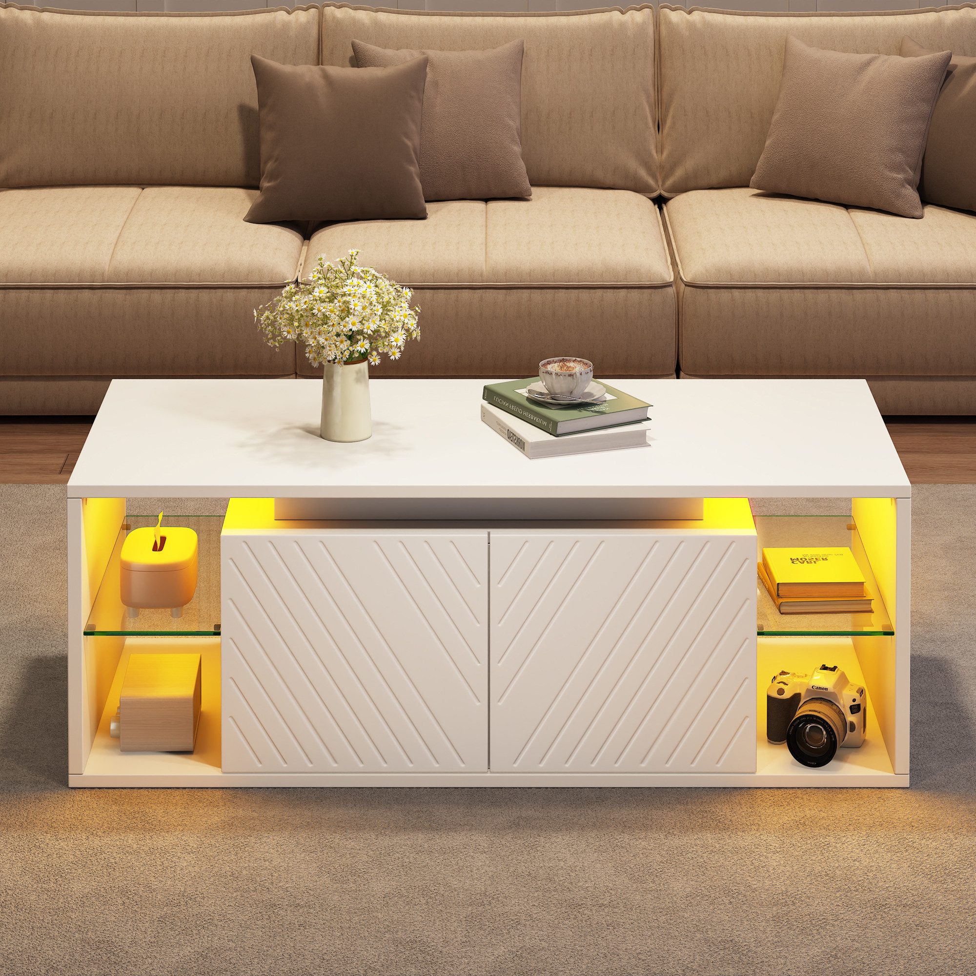 Merax Couchtisch mit LED-Beleuchtung und USB-Anschluss (Kaffeetisch Beistelltisch Sofatisch, 1-St., 100 × 50 × 41 cm), Wohnzimmertisch mit 2 Türen,halboffenen Ablagefächern,Diagonal-Muster