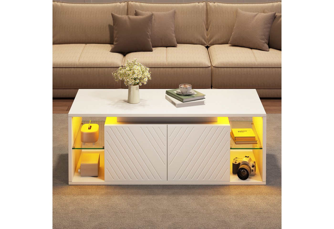 Merax Couchtisch mit LED-Beleuchtung und USB-Anschluss (Kaffeetisch Beistelltisch Sofatisch, 1-St., 100 × 50 × 41 cm), Wohnzimmertisch mit 2 Türen,halboffenen Ablagefächern,Diagonal-Muster