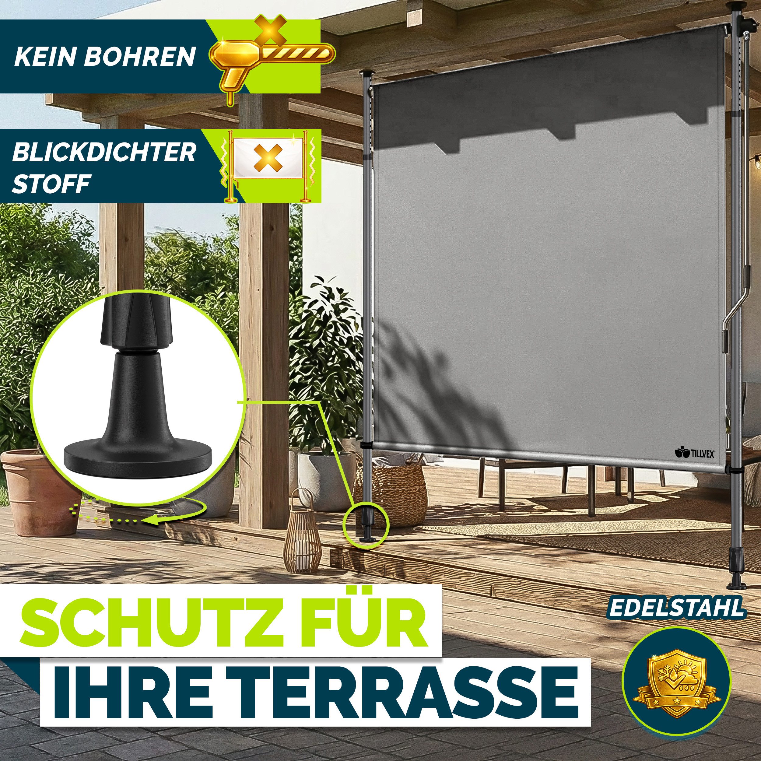 tillvex Klemmmarkise tillvex© Klemmmarkise Senkrechtmarkise Außen Balkon ohne Bohren (Sichtschutzrollo Terrasse Garten Wetterfest, Vertikalmarkise Sichtschutz A – Bild 4 von 5
