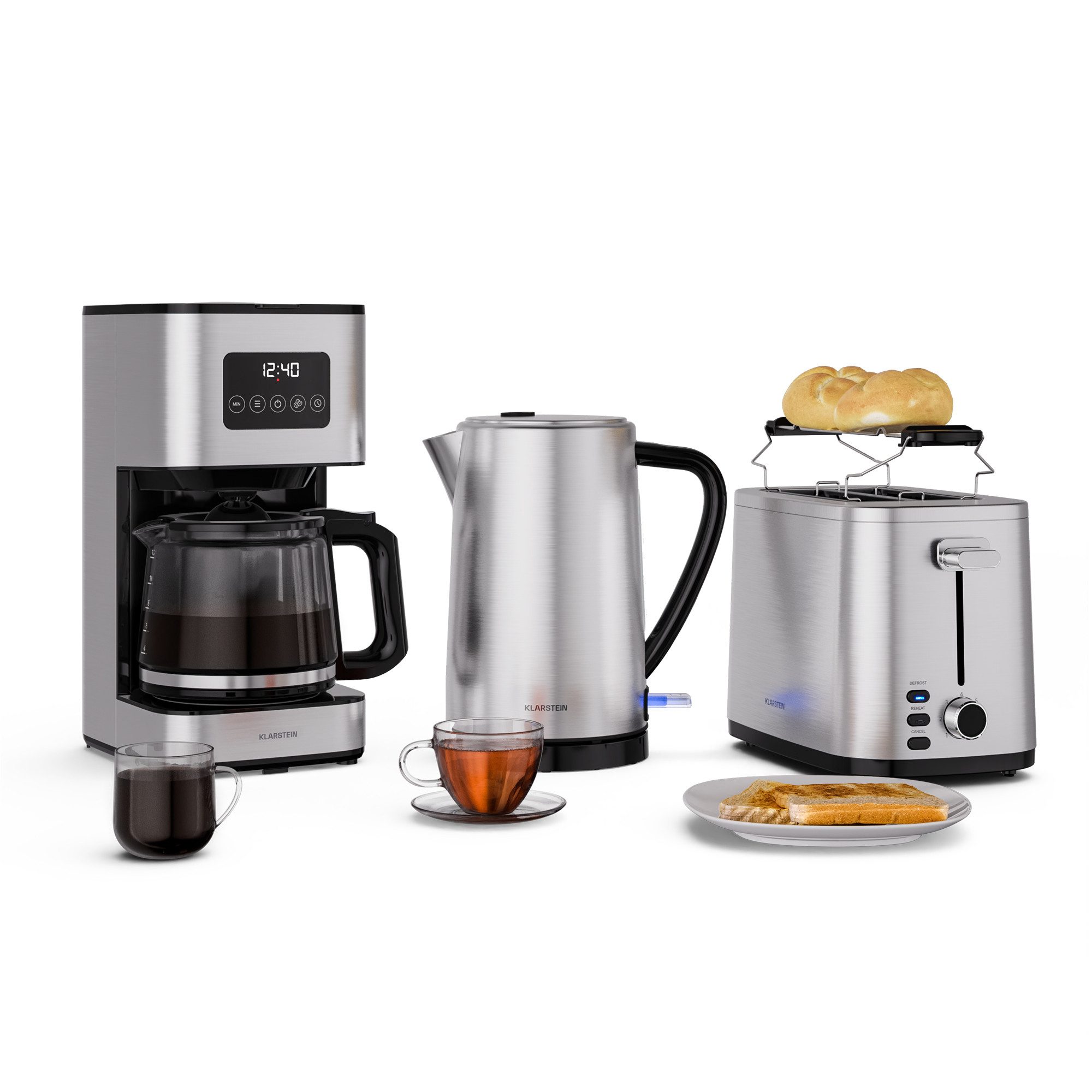 Klarstein Frühstücks-Set Verosteel (3-tlg), Toaster 800W Wasserkocher 1,7 L 2200W Kaffeemaschinen 900W Edelstahl – Bild 2 von 5