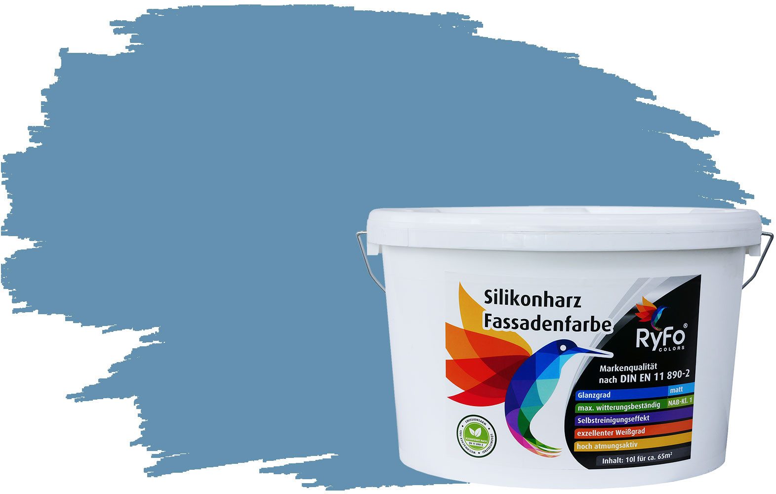 RyFo Colors Fassadenfarbe Silikonharz Fassadenfarbe Pastellblau 10l, 1 L ca. 6 m², Wasserabweisend, diffusionsfähig, schützt vor Schmutz, UV-beständig