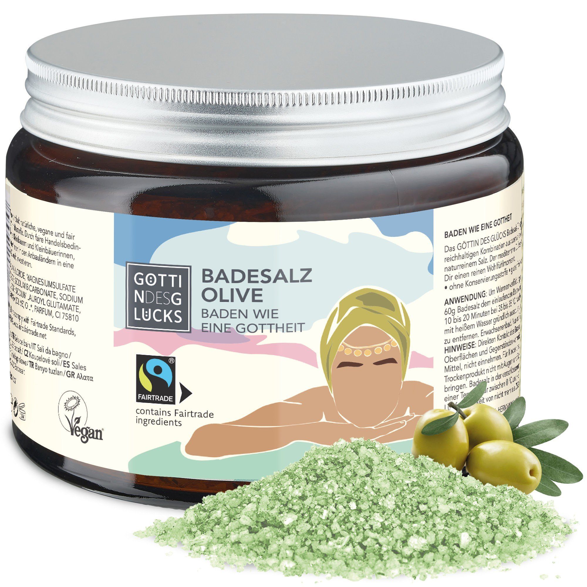 Göttin des Glücks Badesalz GÖTTIN DES GLÜCKS Badesalz Olive 450 g, für ein intensives Badeerlebnis, 1-tlg., mit fair gehandelten Inhaltsstoffen
