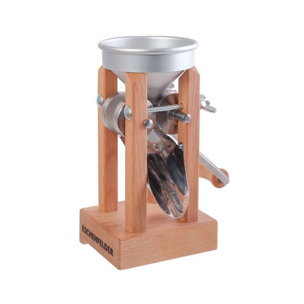 Eschenfelder Getreidemühle Eschenfelder Kornquetsche Flockenquetsche Tischmodell Alutrichter Manuell, (3 Stück), Kurbel 25cm mit Tisch-Schraubzwinge und Reinigungsbürste gratis dazu