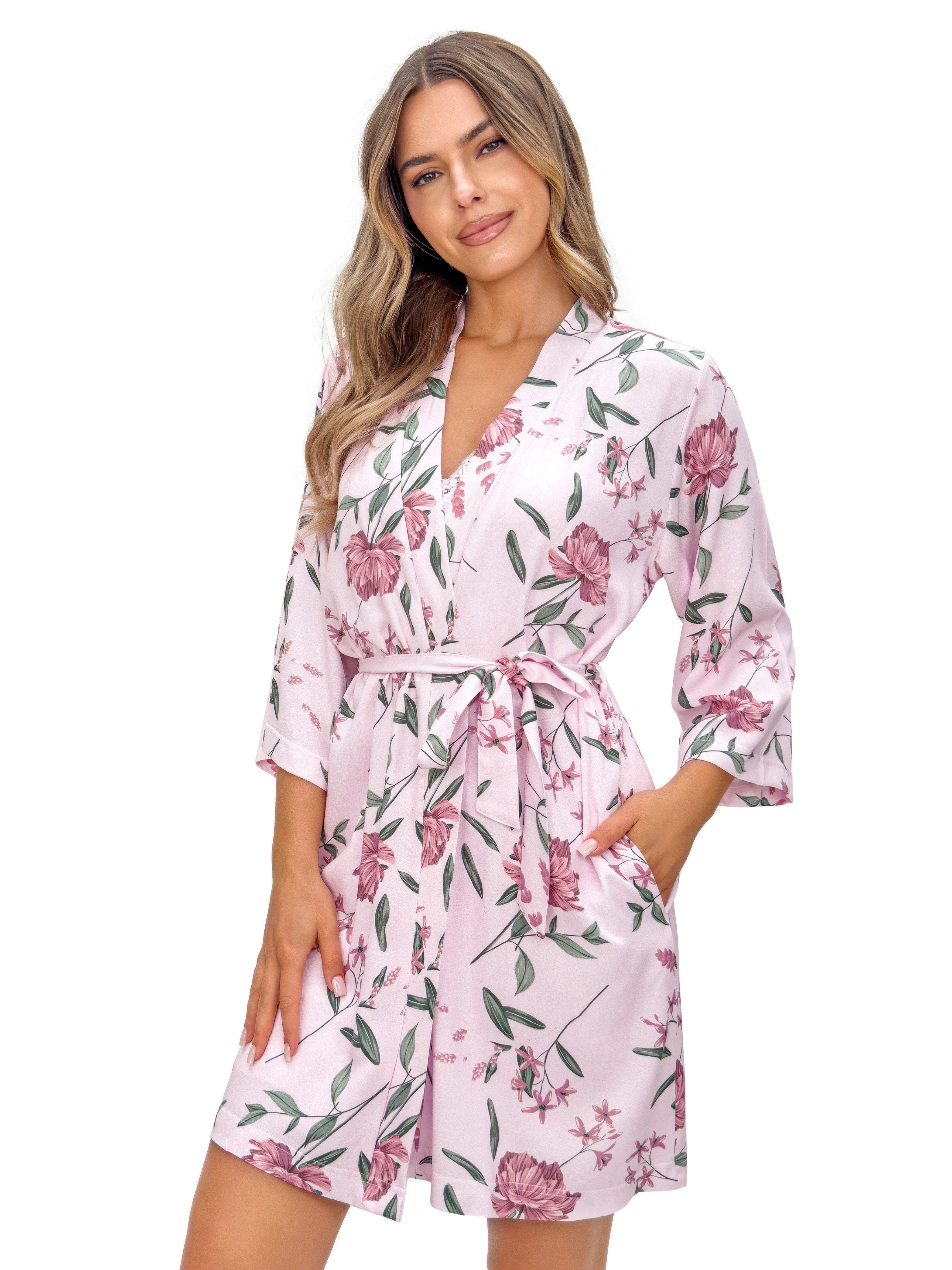 Donna Morgenmantel Damen Kimono kurz mit Blumenprint, Viskose, Schalkragen, Bindegürtel, Leichter Viskose-Morgenmantel mit Gürtel & Taschen, ca. 90 cm
