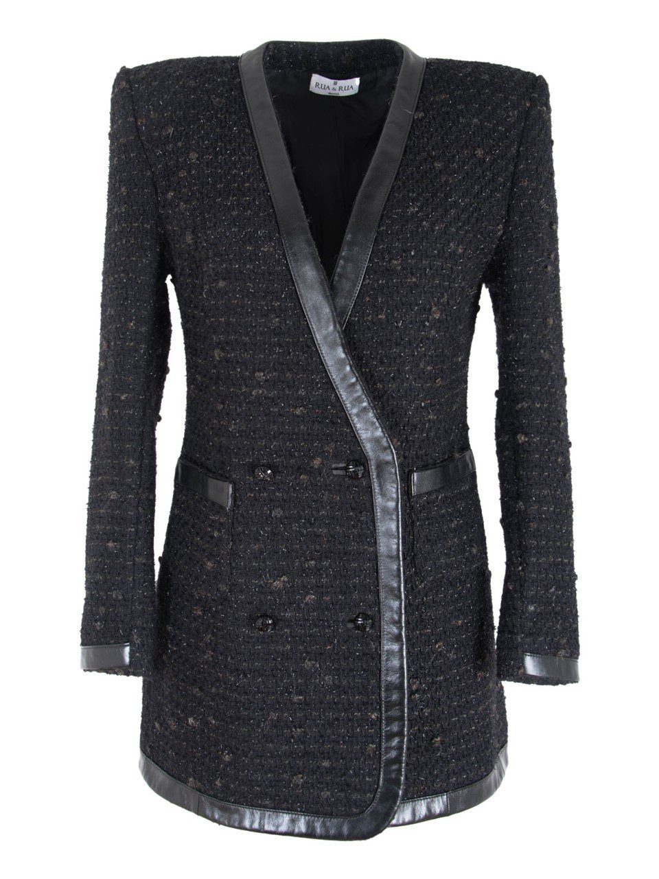 Longblazer Bouclé-Tweed & Leder-Blazer Kleid in Schwarz