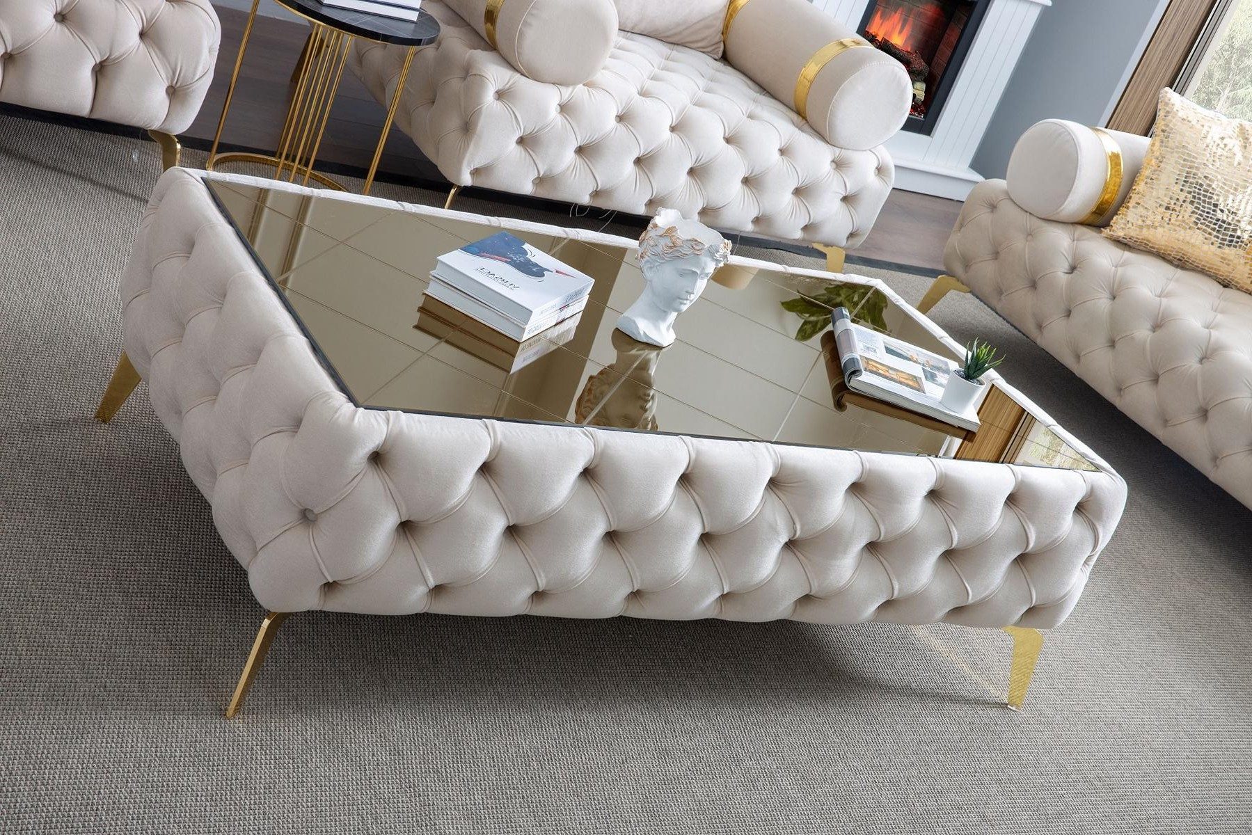 Xlmoebel Couchtisch Chesterfield Tisch Weiß Edelstahl Modern Rechteckig Textil (Chesterfield), Made in Europa