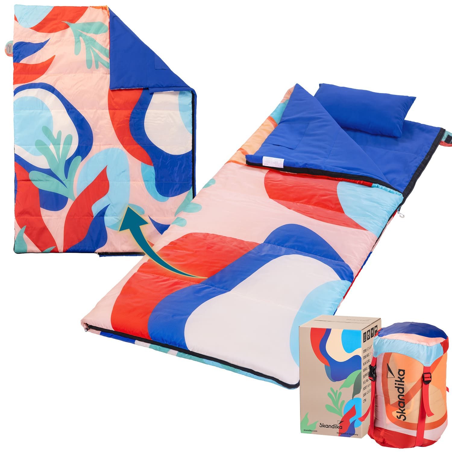 Skandika Deckenschlafsack für Erwachsene, Sovro 190 Coralflame, als Decke verwendbar (Packsack mit Kompressionsbändern und Schutzhaube), Schlafsack Outdoor für Erwachsene, 3 Jahreszeiten