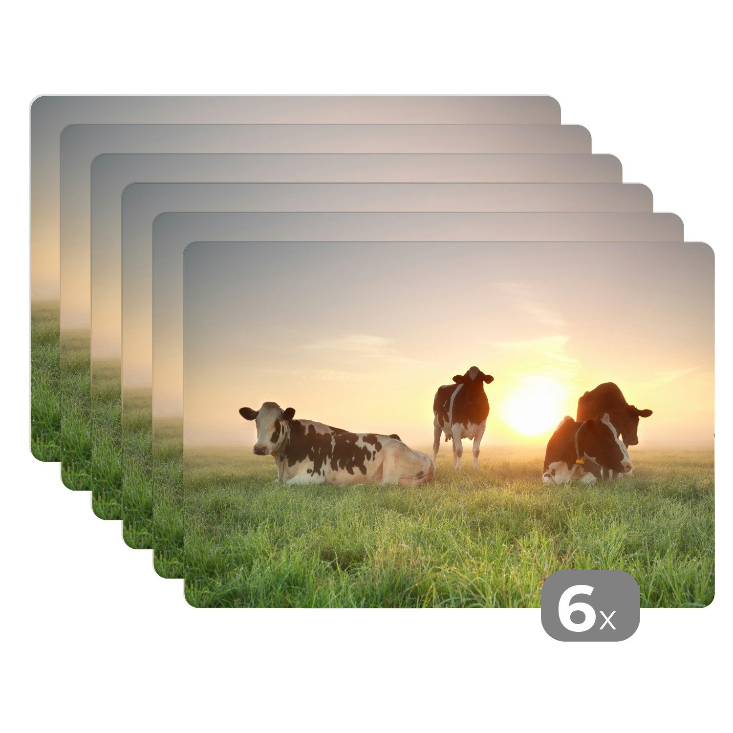 MuchoWow Platzset Kuh - Sonne - Gras, (6-St), Platzsets, Tischset, Abwaschbar, Tischsets, Platzdeckchen