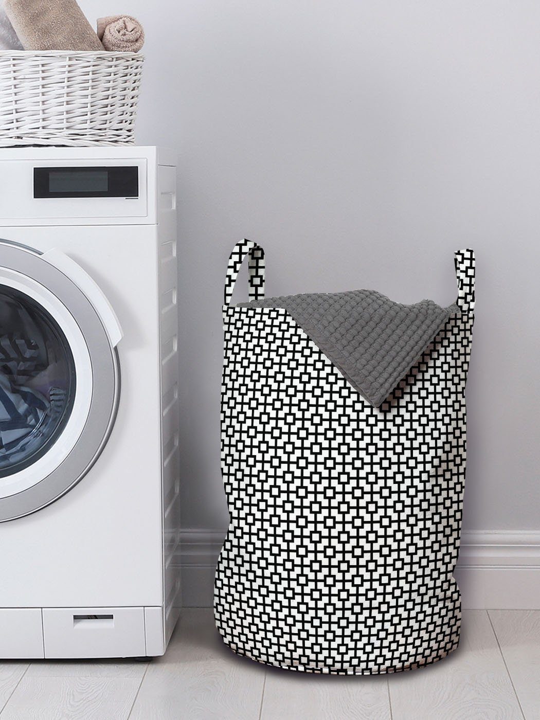 Gitter mit Kordelzugverschluss Wäschesäckchen für Griffen quadriert Geometrisch Waschsalons, Wäschekorb Monochrome Abakuhaus