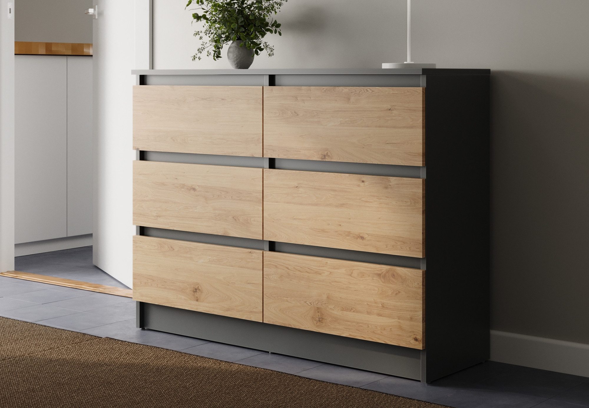 Home Collective Kommode mit 6 Schublade 95, 120, 140 cm breit Holz Schrank (Highboard Anrichte Schlafzimmer Wohnzimmer Flur Büro Organizer), Kommode 100 cm breit Kommode Sideboard, Anthrazit Artisan-Eiche