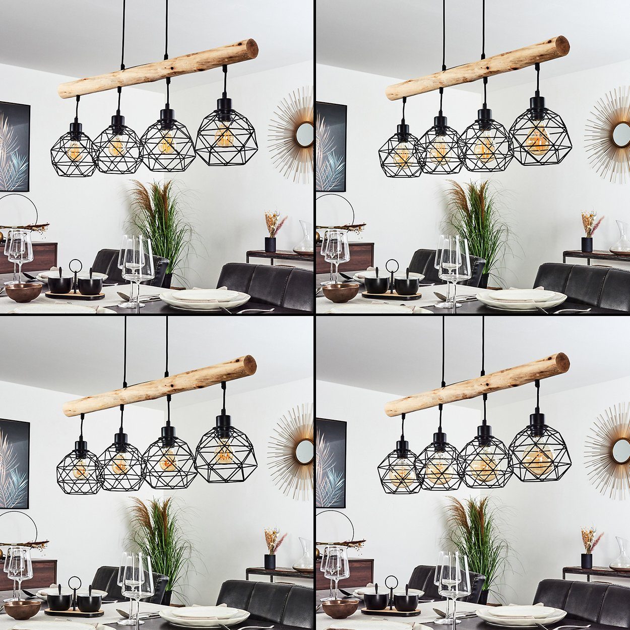 hofstein Pendelleuchte »Torano« längliche Hängelampe aus Metall/Holz in Schwarz/Braun, ohne Leuchtmittel, 4xE27, Höhe max. 119cm, Hängeleucht m. Gitter-Optik, Retro/Vintage