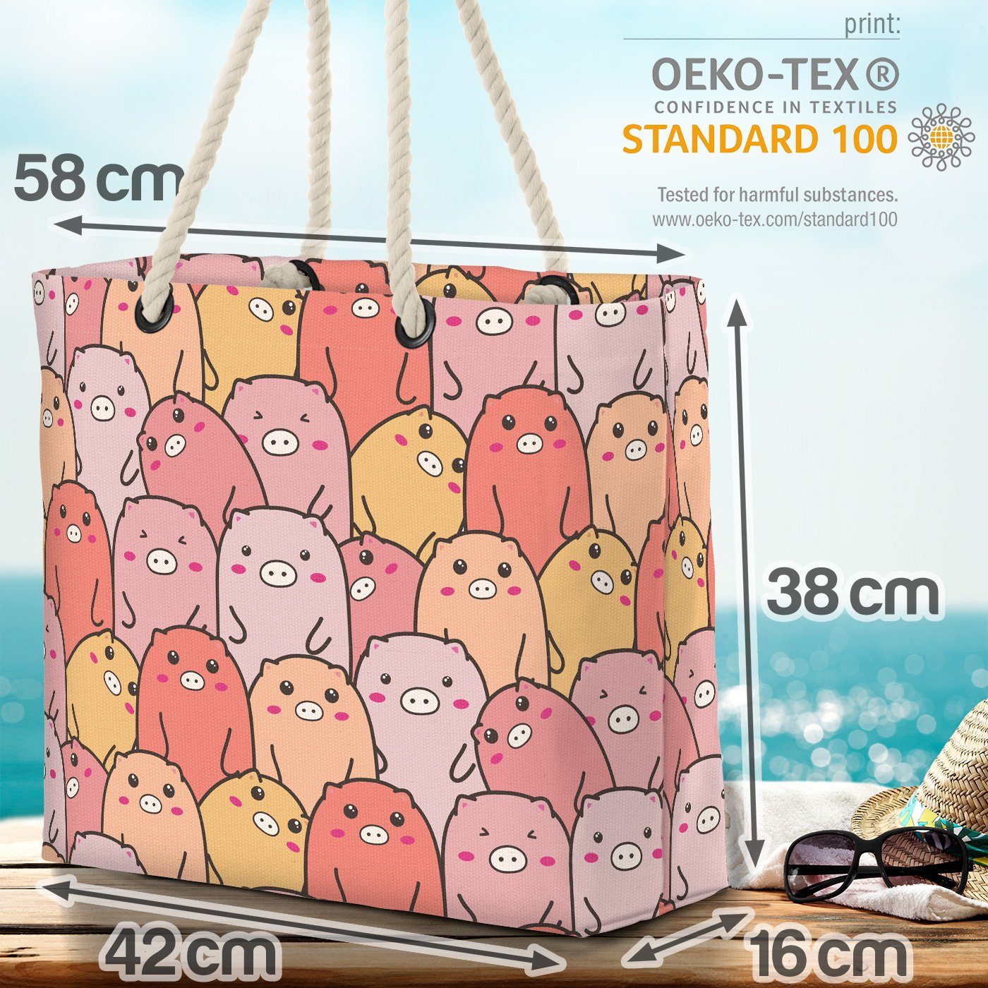 Cartoon Schweinchen Muster Bauernhof Strandtasche Rosa (1-tlg), VOID Bande Schweine Pink K Tiere