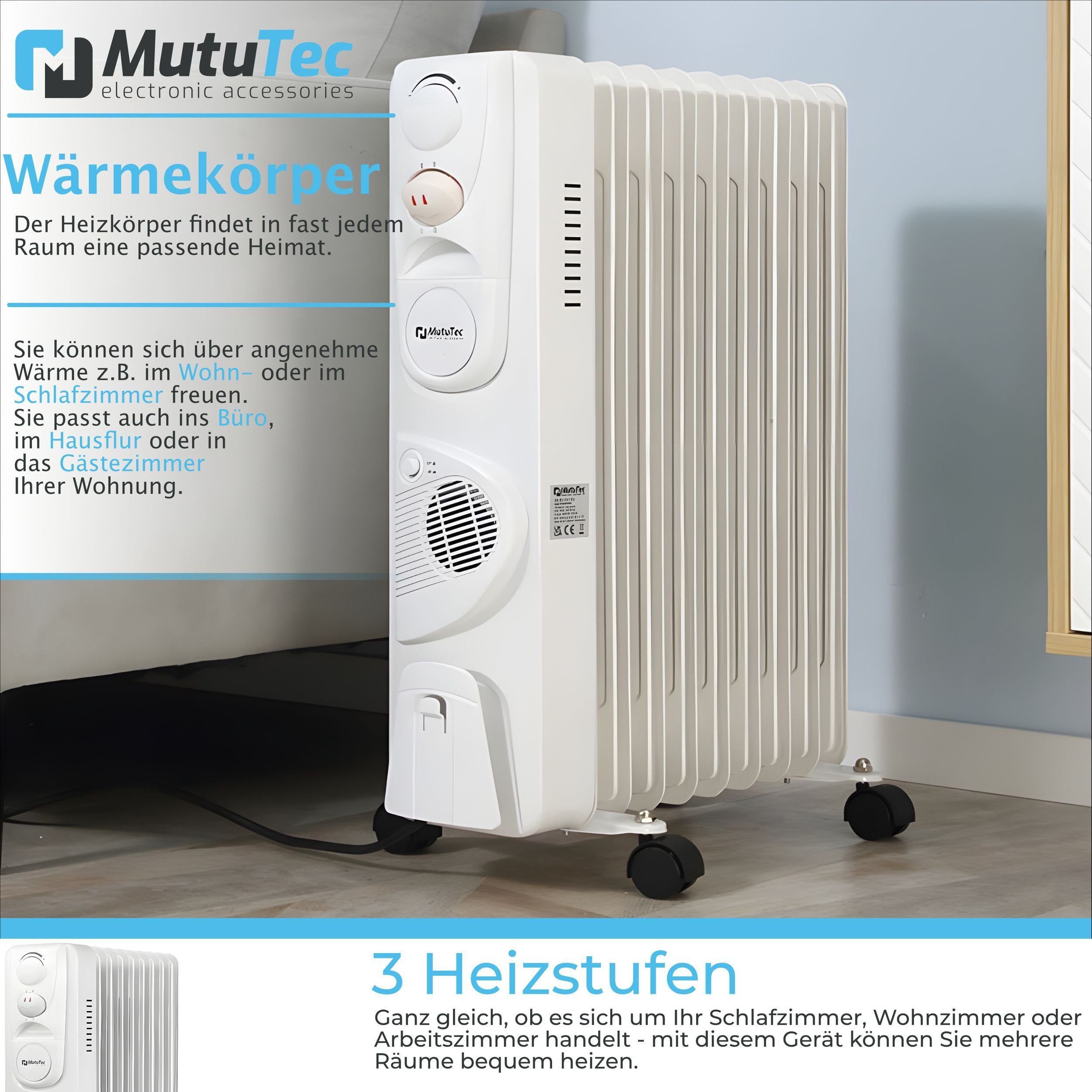 MutuTec / 9 Heizgerät 2000W Elektroheizung - Weiß Rippen Ölradiator