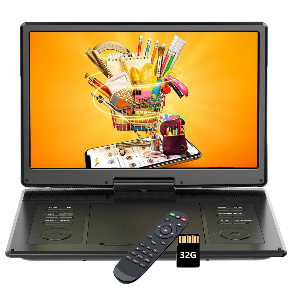 Boifun 15,7" Tragbarer DVD Player mit 14,1 Zoll HD Schwenkbaren Bildschirm DVD-Player (1366*768, Unterstützt FM-Transmitter, Sync-TV, USB, TF-Karte alle Regionen)