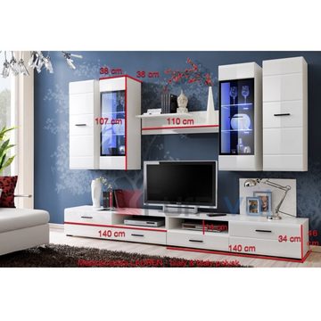 Furnica Wohnwand LAUREN TV-Schrank, 2 Vitrinen, 2 Hängeschrank Weiß Gloss