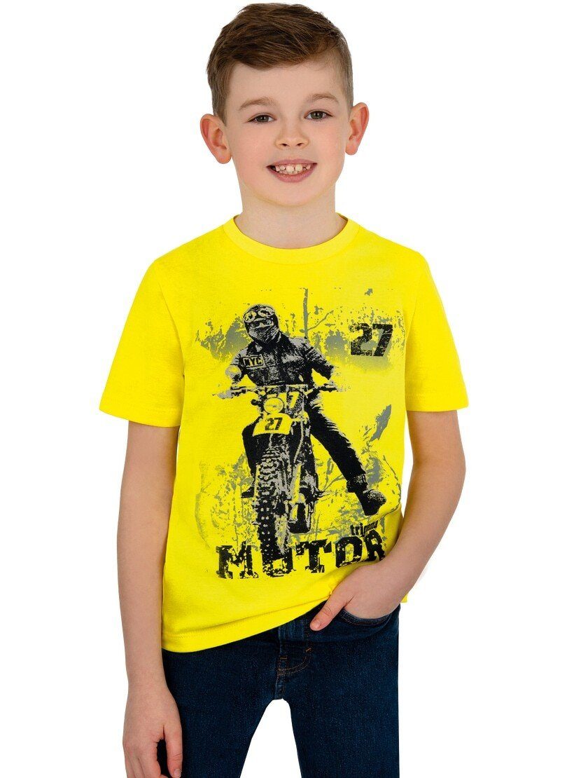 Trigema T-Shirt TRIGEMA Jungen T-Shirt mit coolem Motorrad-Motiv citron