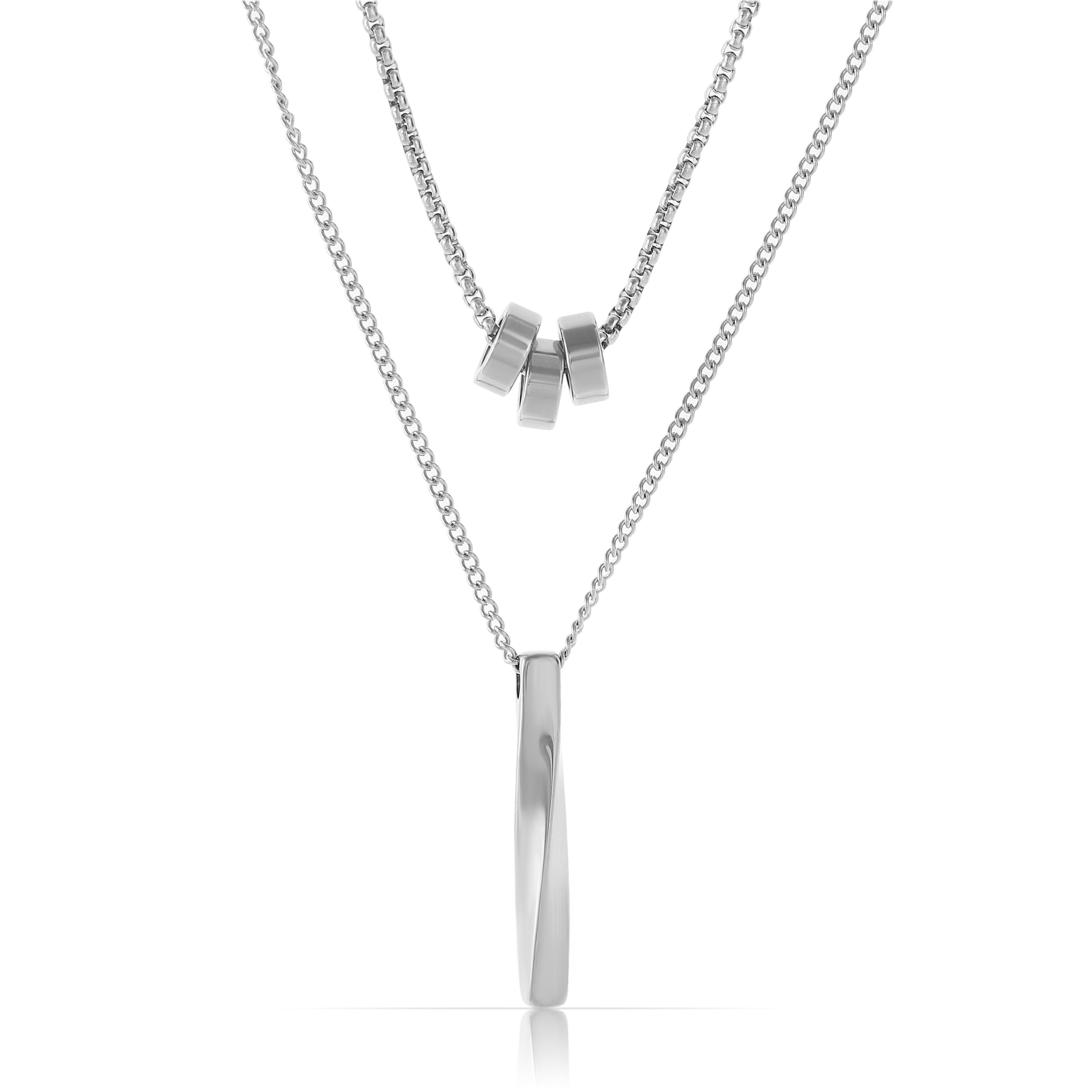Edelstahlketten-Set Doppellagige Herren Halskette silber mit Stab-Anhänger und Charms