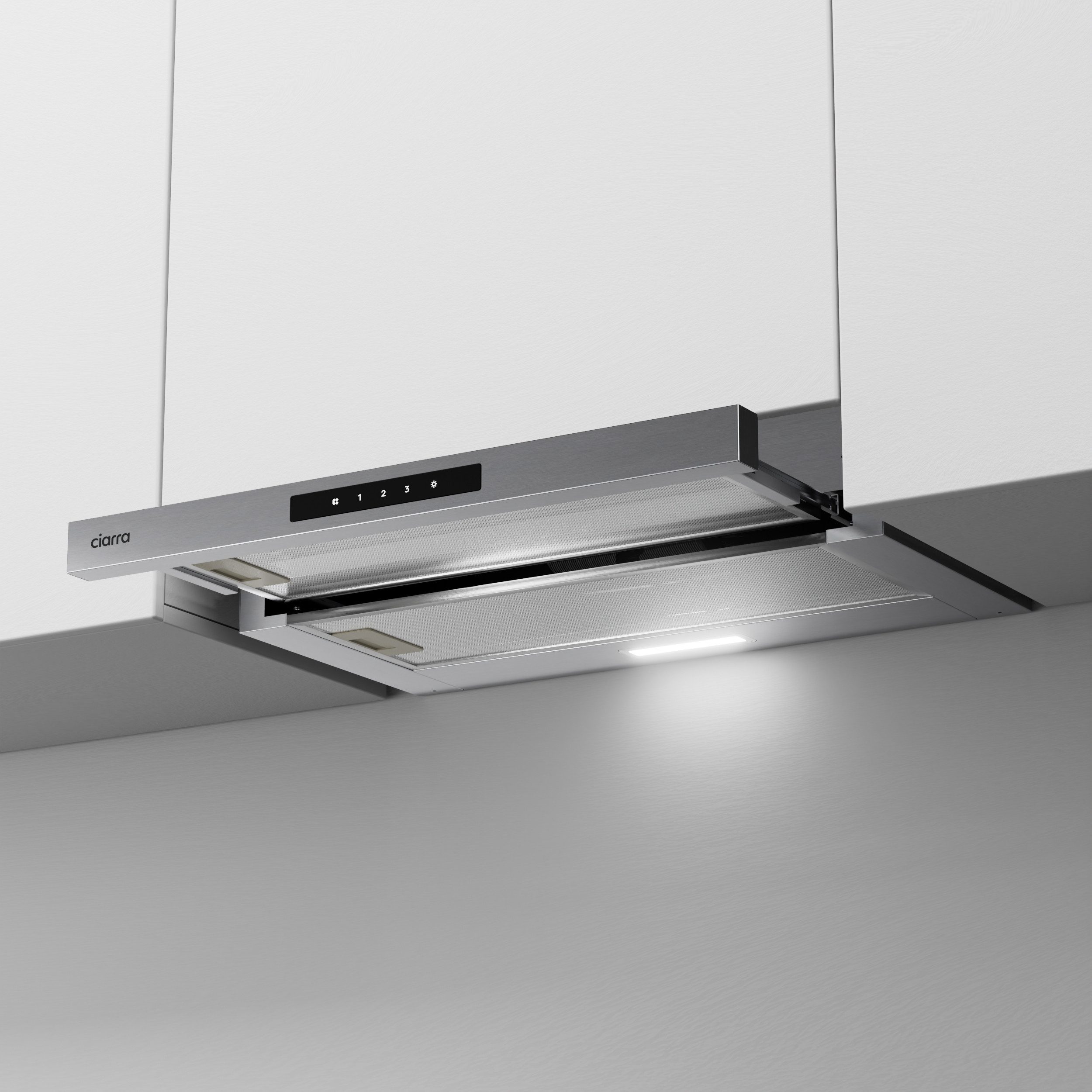 CIARRA Flachschirmhaube 60cm Teleskophaube A+ 580 m³/h Umluft & Abluft VMS6909A 60cm Teleskophaube A+ 580 m³/h Umluft & Abluft VMS6909A, Ausziehbare Dunstabzugshaube 60cm aus Edelstahl mit Kohlefilter