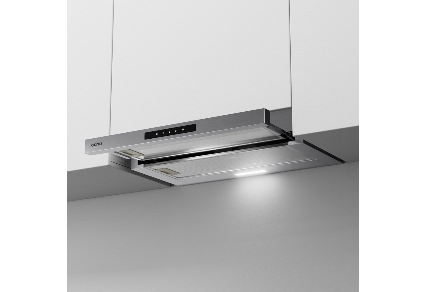 CIARRA Flachschirmhaube 60 cm ausziehbare Dunstabzugshaube 606 m³/h A+ SensorTouch VMS6909A Abluft & Umluft Teleskophaube 2 Aktivkohlefilter & Fettilter 3 Stufen