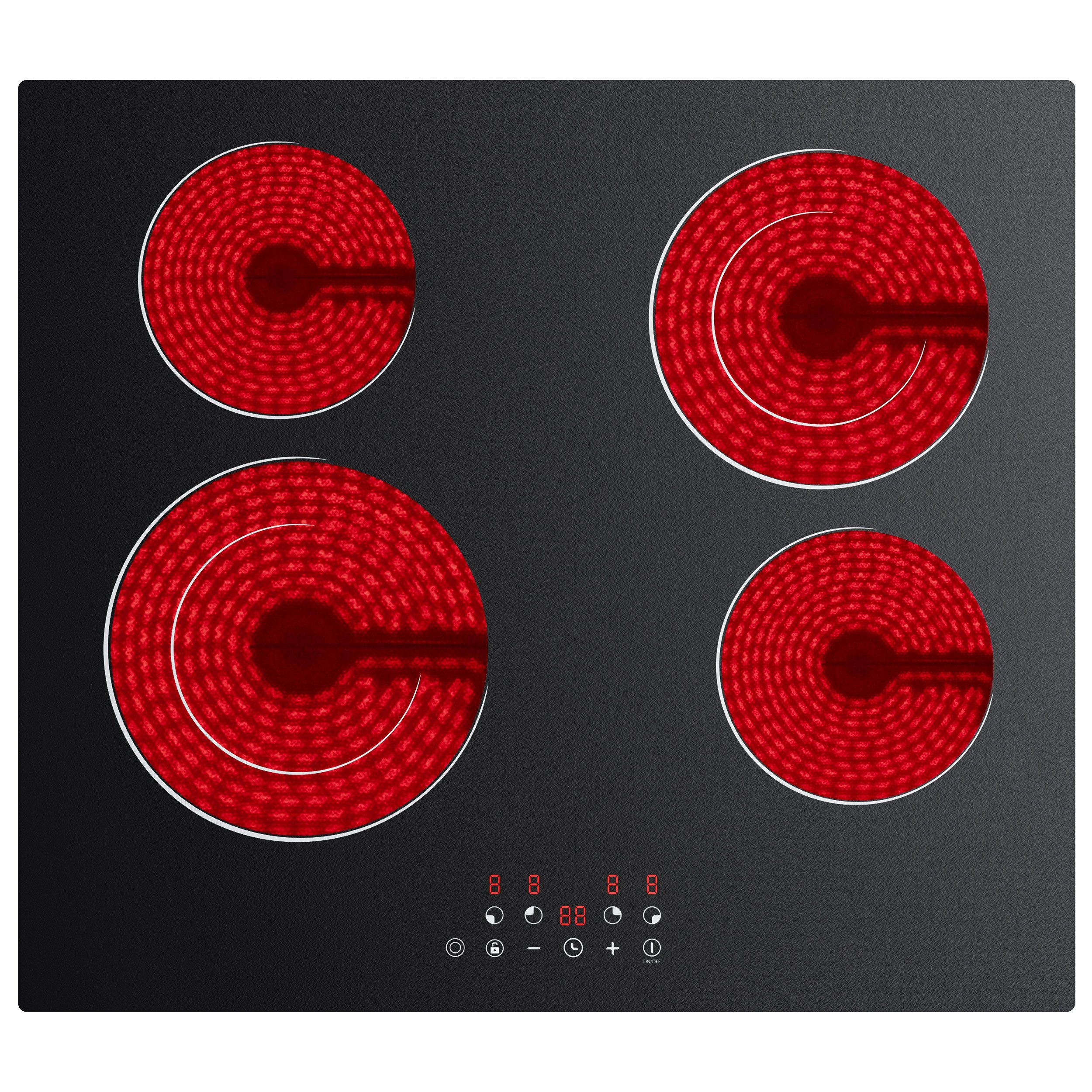 CDV Elektro-Kochfeld 59 cm 2 Doppel-Ring Cerankochfeld 4 Zonen CDVER66BB, Einbau Ceran-Kochfeld 9 Stufen, Touch Control mit Timer 6600 W