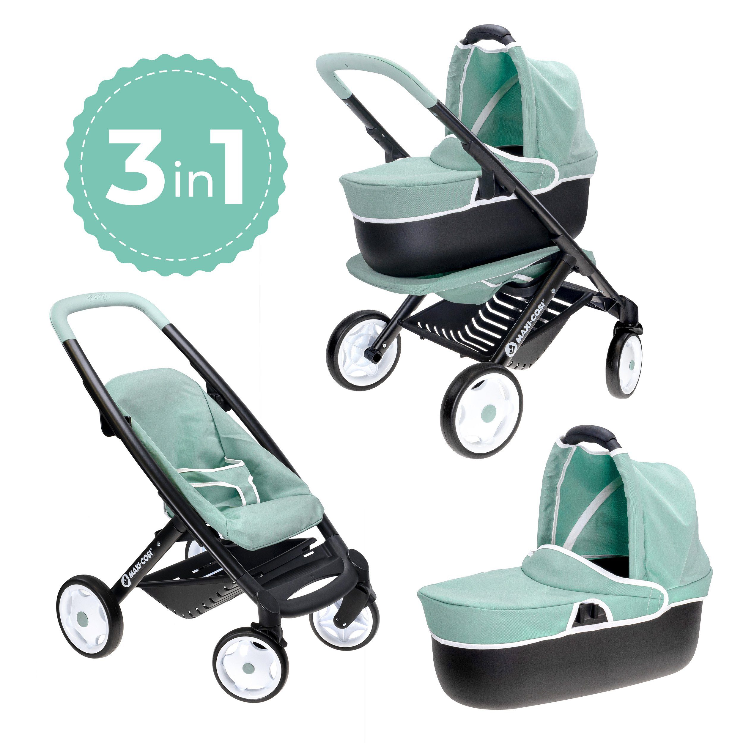 Smoby Kombi-Puppenwagen Maxi Cosi 3-in-1 Kombi Puppenwagen, als Babyschale, Kinderwagen & Buggy nutzbar, ohne Puppe