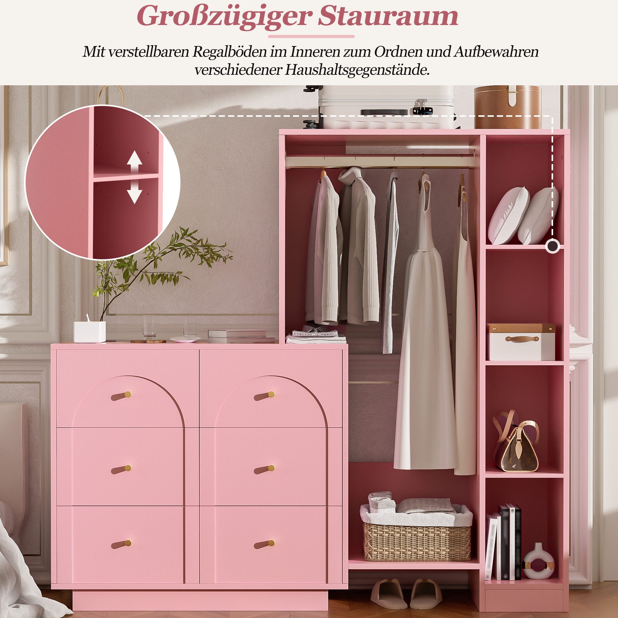 i@home Mehrzweckschrank Moderner Mehrzweck-Kleiderschrank, offene Garderobe mit Kleiderstange offene Garderobe mit Kleiderstange, Rosa, 139 × 35 × 133 cm